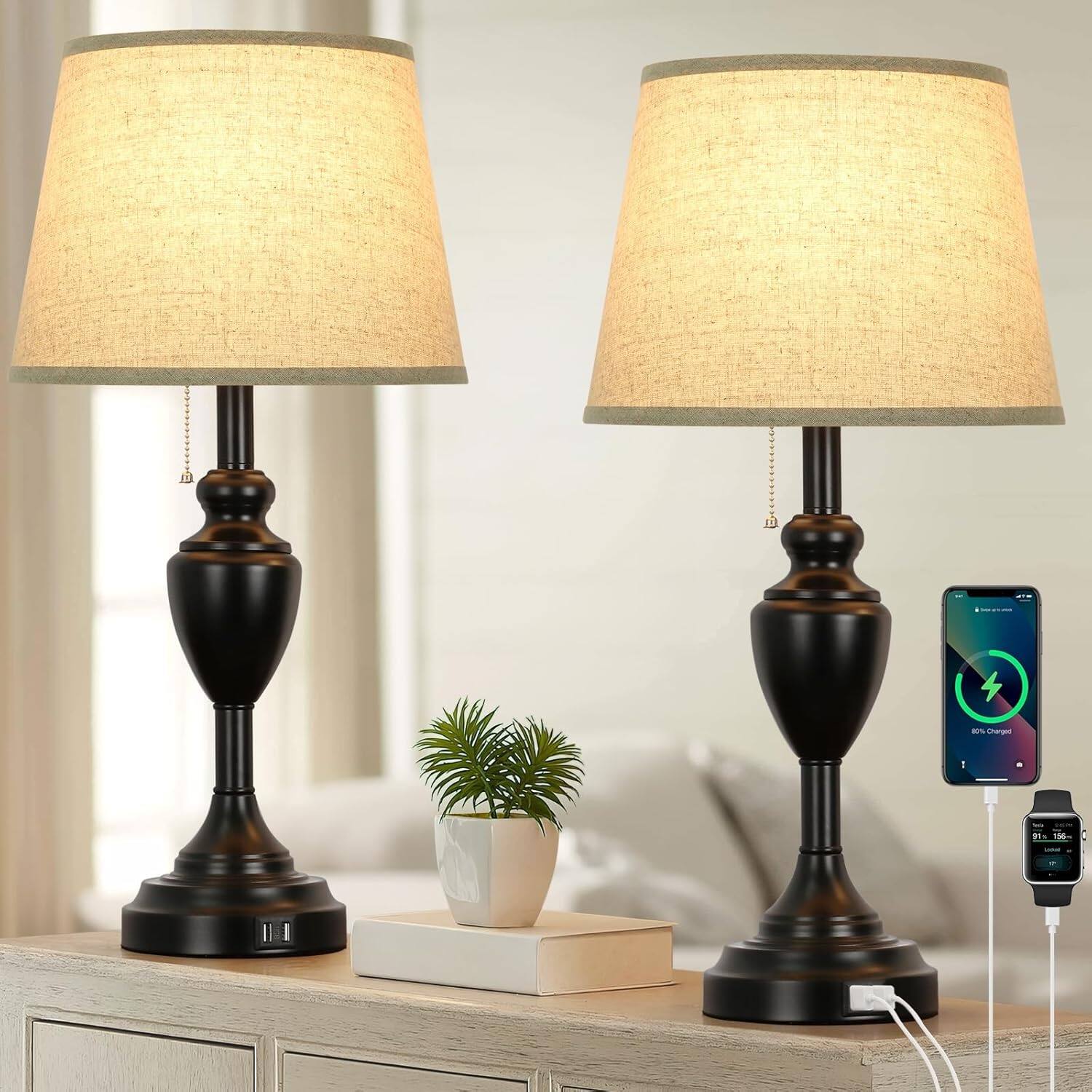 Front. Nordic Hygge - 24" Tall Table Lamps with 2 USB Charging Ports, Farmhouse Rustic Bedside Nightstand Lamps for Bedrooms Set of 2 - Beige & Black.