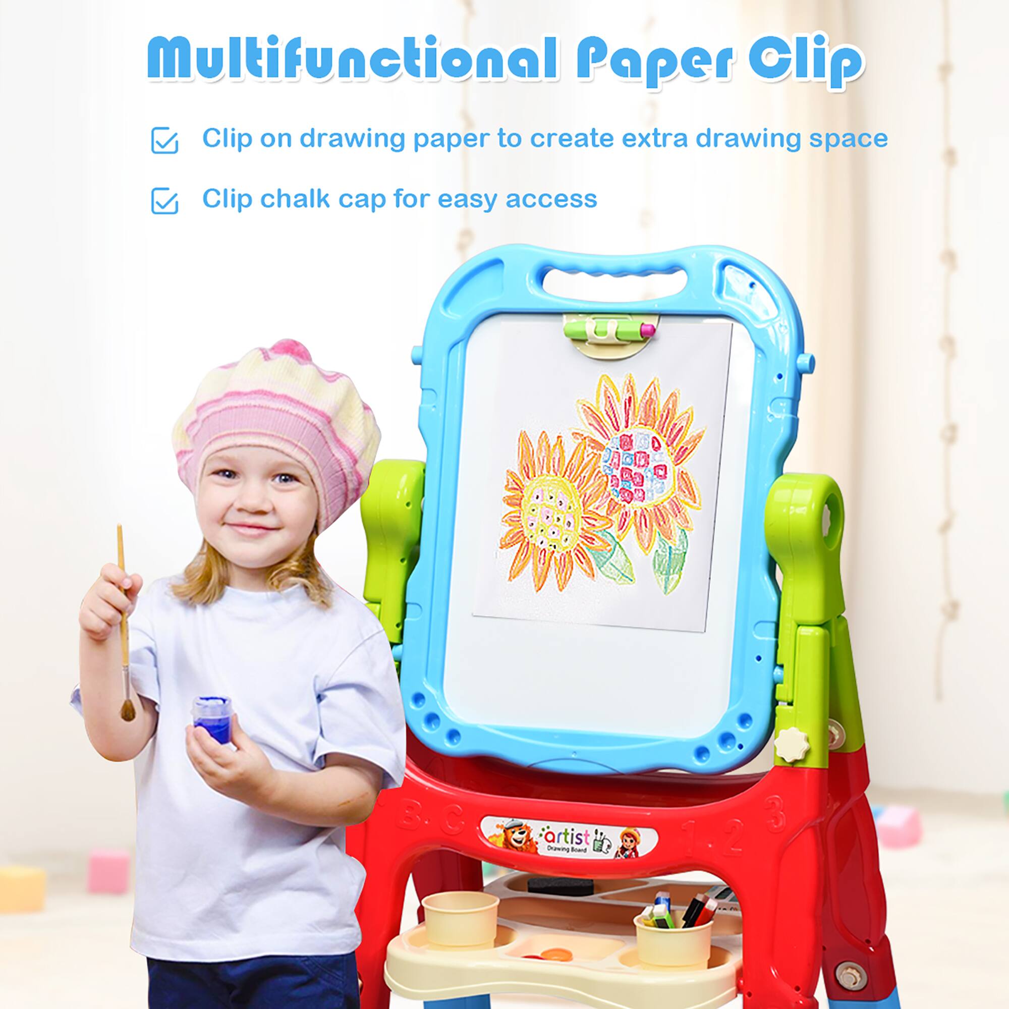 Multifunctional Paper Clip: Clip on drawing paper to create extra drawing space. Clip chalk cap for easy access.