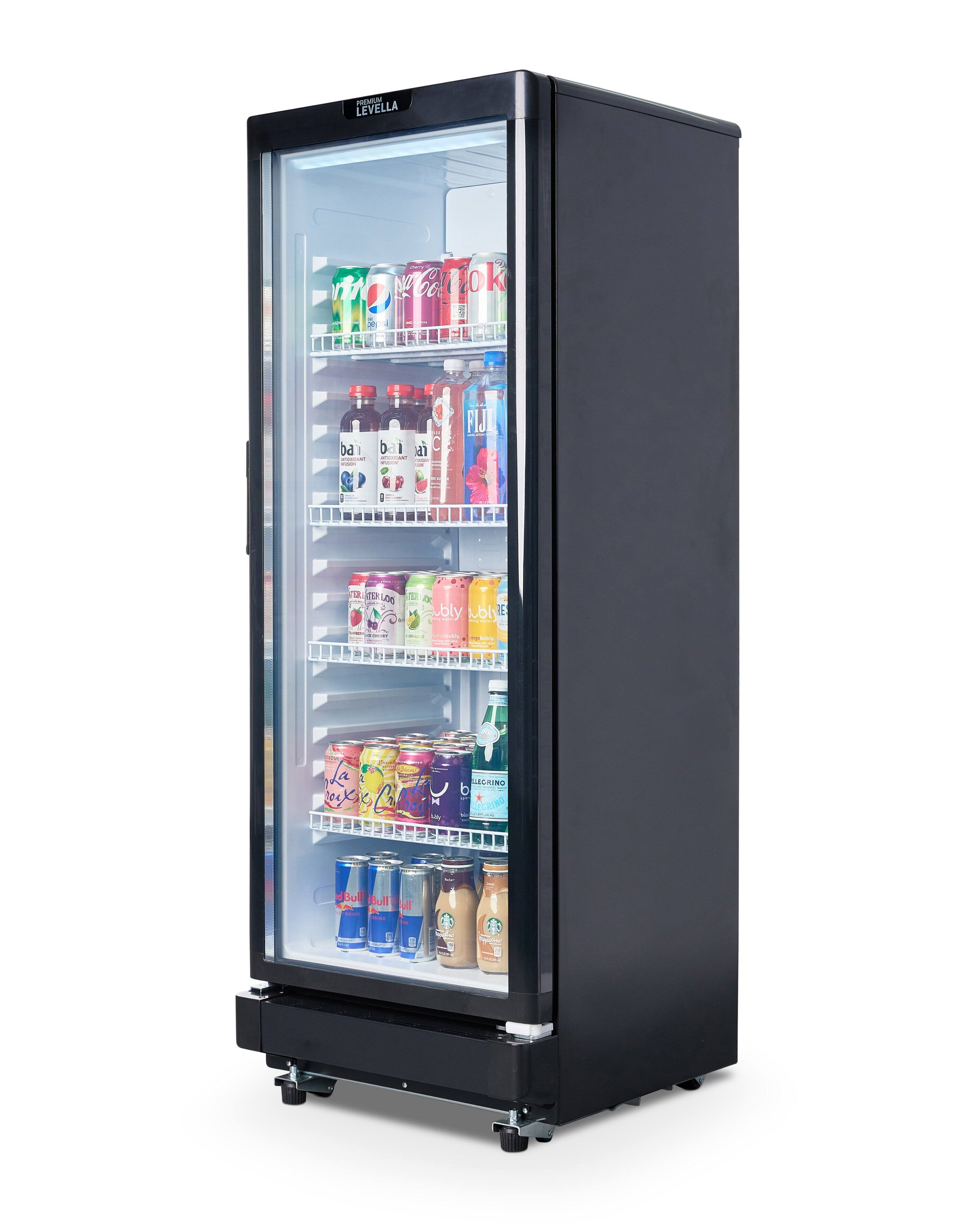 The image features a refrigerator with its door open, revealing a variety of drinks stored inside. There are multiple bottles of soda, including Coca-Cola, and a few bottles of water. The refrigerator is full of drinks, offering a wide selection for consumption.