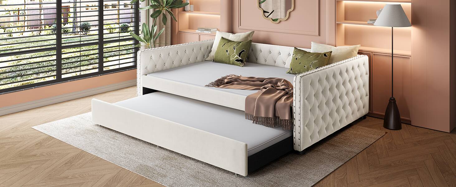 Alt View 10. Tiramisubest - Full Size Daybed, Upholstered Tufted Sofa Bed with Trundle,  Full Daybed with Twin Trundle - Ivory.