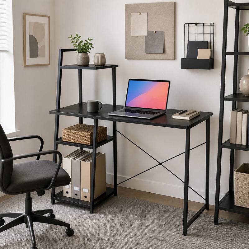 Angle. WELLFOR - 39.5" Computer Desk with Shelves and 3-Tier Storage Bookshelf, Laptop PC Work Table Writing Desk for Small Spaces - Black.