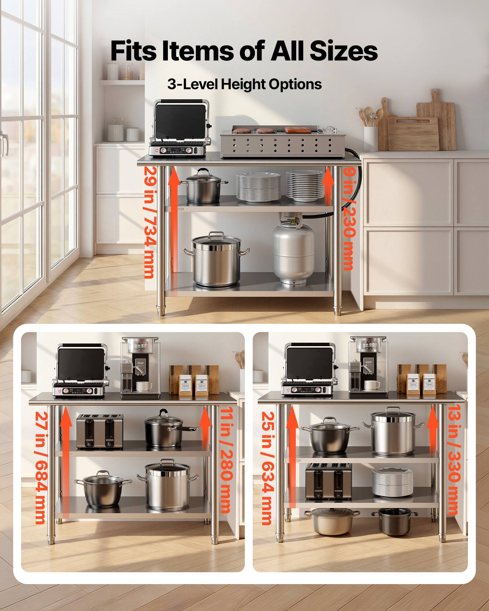 Fits Items of All Sizes  
3-Level Height Options  

- 29 in / 734 mm  
- 9 in / 230 mm  
- 27 in / 684 mm  
- 11 in / 280 mm  
- 25 in / 634 mm  
- 13 in / 330 mm
