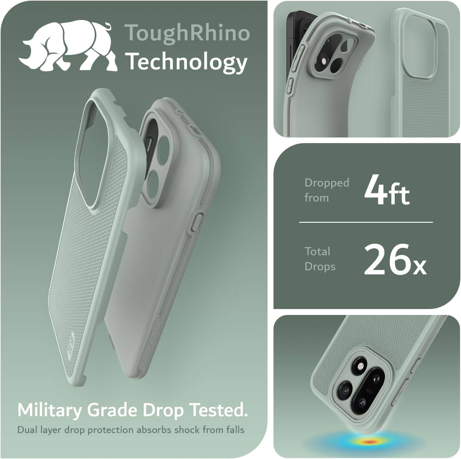 ToughRhino Technology

Dropped from 4ft  
Total Drops 26x

Military Grade Drop Tested.  
Dual layer drop protection absorbs shock from falls