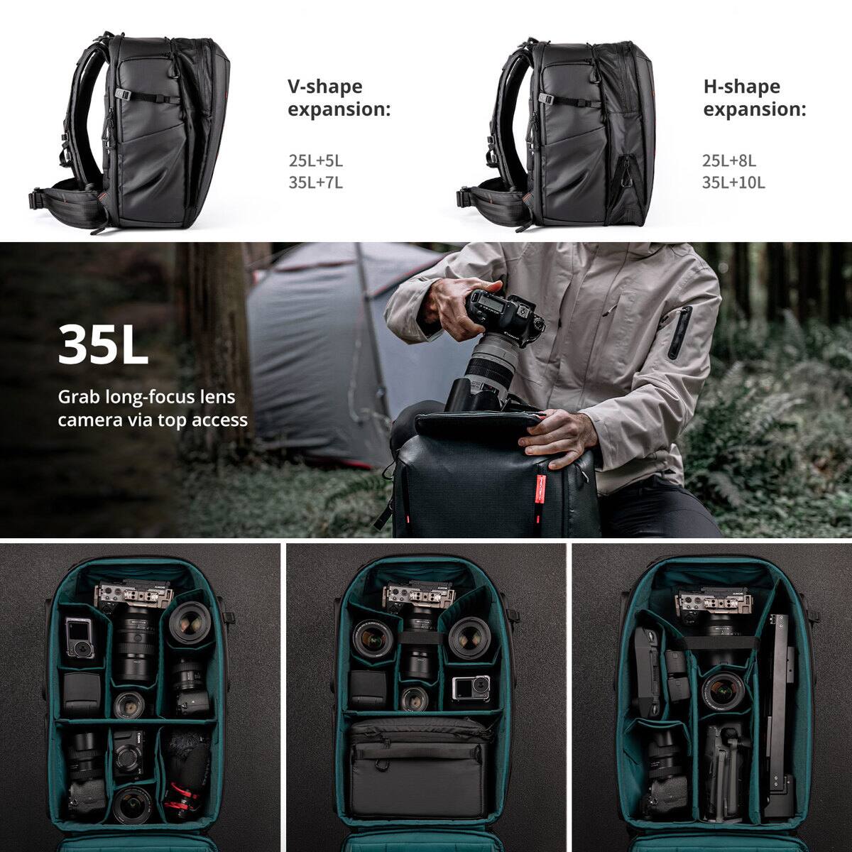 V-shape expansion:  
25L+5L  
35L+7L  

H-shape expansion:  
25L+8L  
35L+10L  

35L  
Grab long-focus lens camera via top access