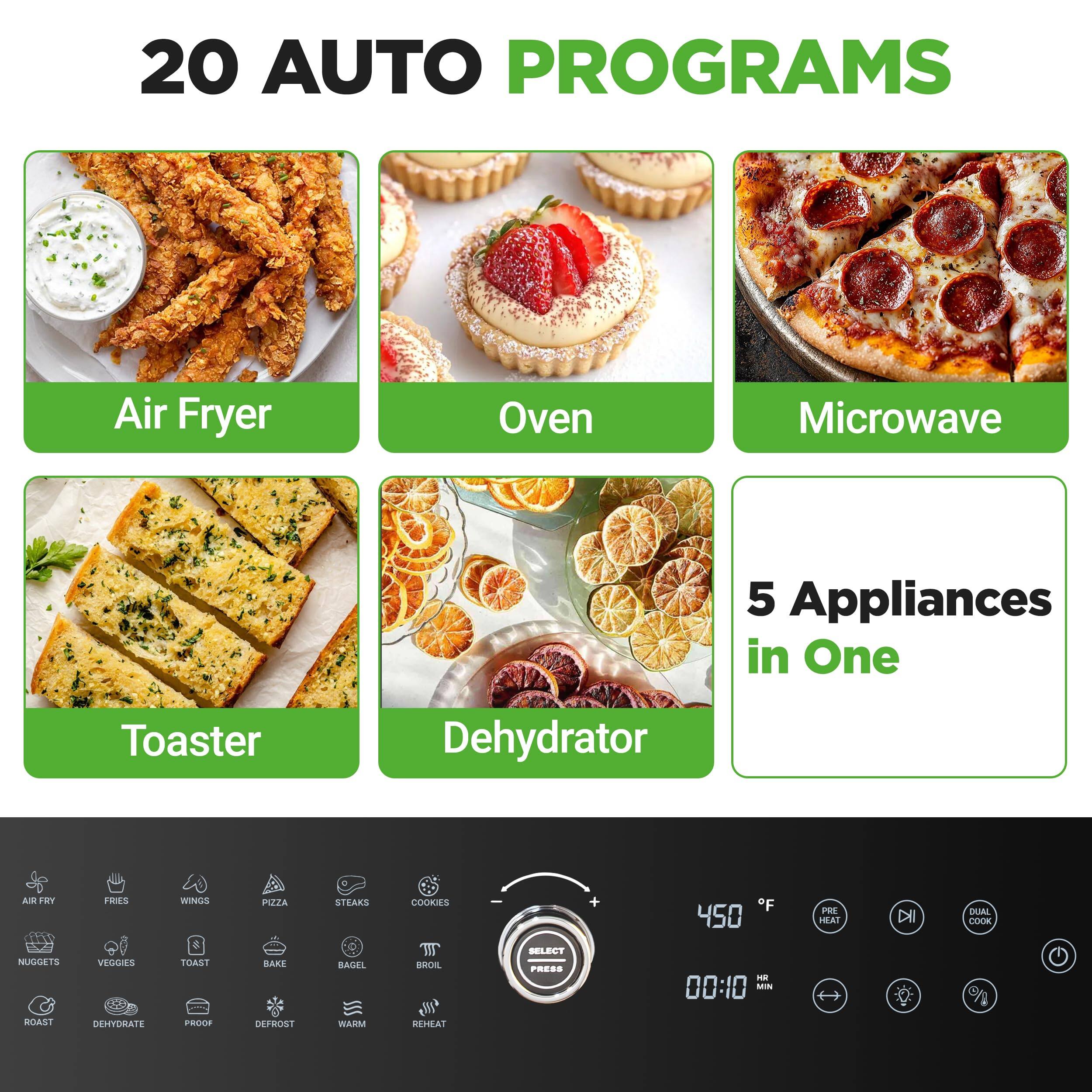20 AUTO PROGRAMS  
Air Fryer Oven Microwave Toaster Dehydrator  
5 Appliances in One  

20 AUTO PROGRAMS  
Air Fryer  
Oven  
Microwave  
Toaster  
Dehydrator  

20 AUTO PROGRAMS  
AIR FRY  
FRIES  
WINGS  
PIZZA  
STEAKS  
COOKIES  
NUGGETS  
VEGGIES  
TOAST  
BAKE  
BAGEL  
BROIL  
ROAST  
DEHYDRATE  
PROOF  
DEFROST  
WARM  
REHEAT  

450 °F  
00:10 MIN