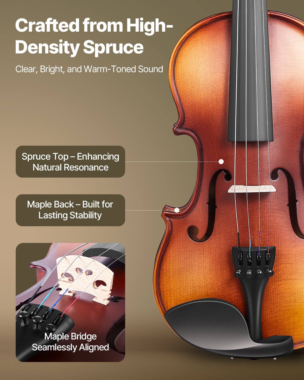 Crafted from High-Density Spruce  
Clear, Bright, and Warm-Toned Sound  

Spruce Top – Enhancing Natural Resonance  
Maple Back – Built for Lasting Stability  
Maple Bridge Seamlessly Aligned