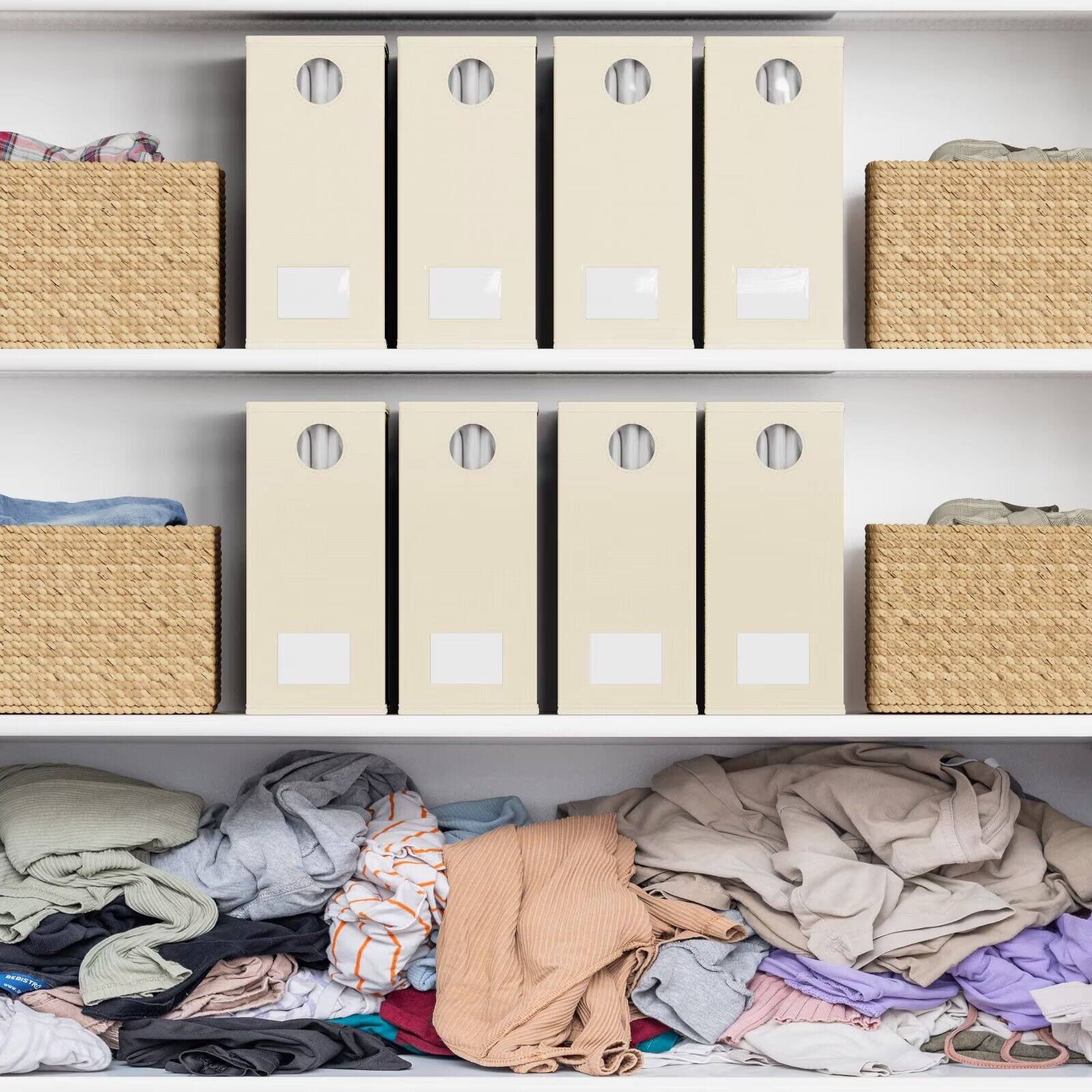 Back. Tooloton - Bed Sheet Organizers 8 Pack, Linen Closet Storage with Window, Queen King Size Bedding Container, Beige - Beige.