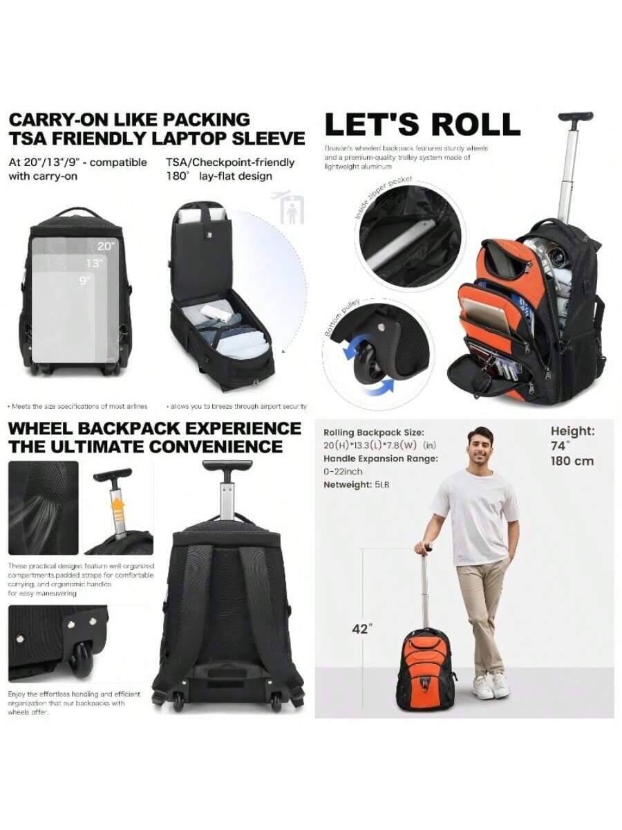**CARRY-ON LIKE PACKING TSA FRIENDLY LAPTOP SLEEVE**

- At 20"/13"/9" - compatible with carry-on
- TSA/Checkpoint-friendly 180° lay-flat design
- Meets the size specifications of most airlines
- Allows you to breeze through airport security

**WHEEL BACKPACK EXPERIENCE THE ULTIMATE CONVENIENCE**

- Rolling Backpack Size: 20(H) * 13.3(L) * 7.8(W) (in)
- Handle Expansion Range: 0-22 inch
- Netweight: 5 lb
- Height: 74" / 180 cm

These practical designs feature well-organized compartments, padded straps for comfortable carrying, and ergonomic handles for easy maneuvering.

Enjoy the effortless handling and efficient organization that our backpacks with wheels offer.

**LET'S ROLL**

- Flavan's wheeled backpack features sturdy wheels and a premium-quality trolley system made of lightweight aluminum.
- Inside superior pocket
- Bottom pocket
- Backpack pocket

**WHEEL BACKPACK EXPERIENCE THE ULTIMATE CONVENIENCE**

- Rolling Backpack Size: 20(H) * 13.3(L)