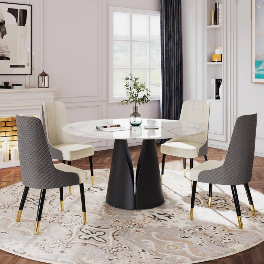 Left. POVISON - 47" Modern Round White Dining Table for 4, Matte Sintered Stone Tabletop, Solid Black Carbon Steel Base - Matte White Sintered Stone & Black Steel Base.
