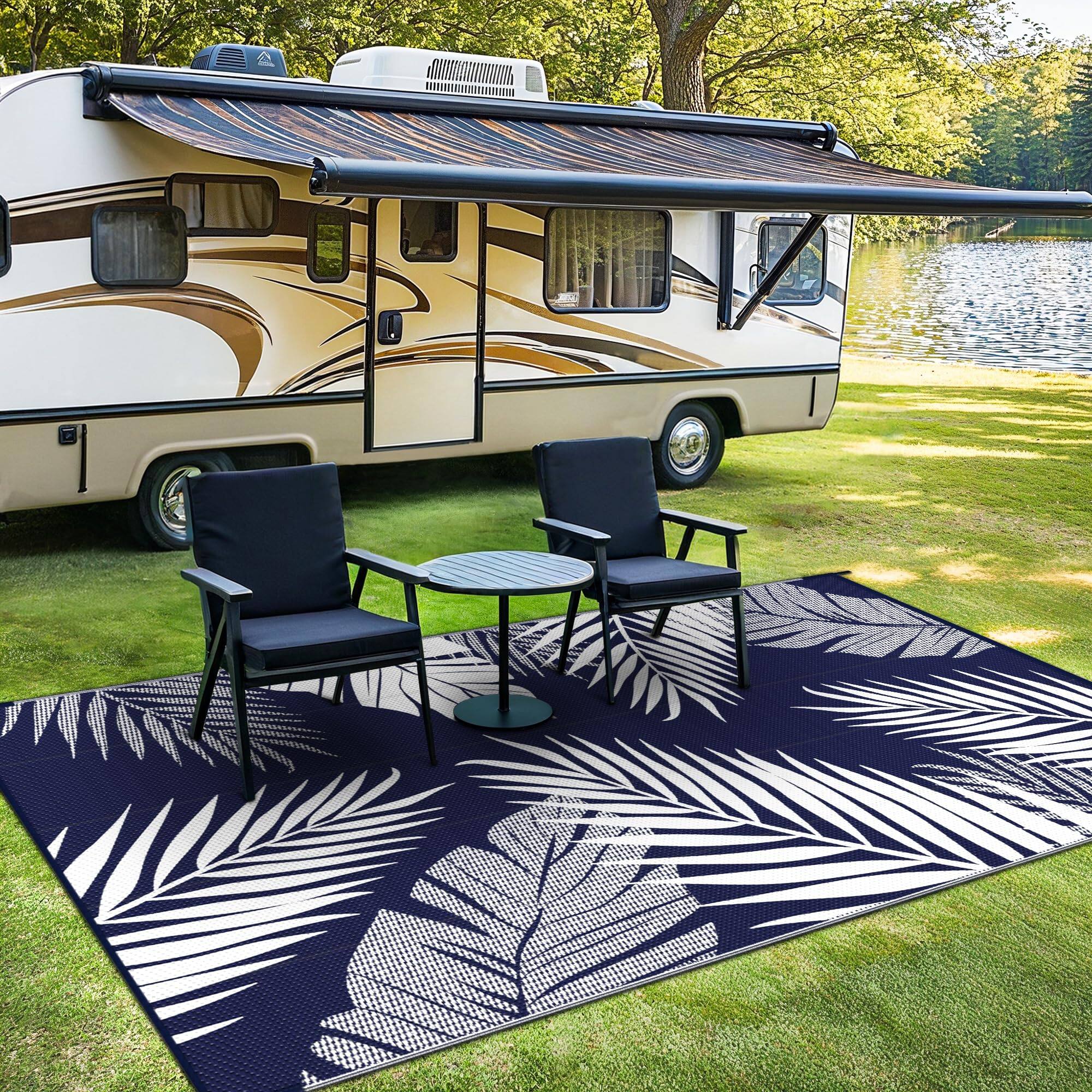 Alt View 1. Reds Spade - Outdoor Rug 4' X 6' For Patio Waterproof Clearance Reversible Indoor Plastic Straw Camping Carpet Rv Mat La... - Black & Grey | Waterproof-4' x 6' (Rectangular).