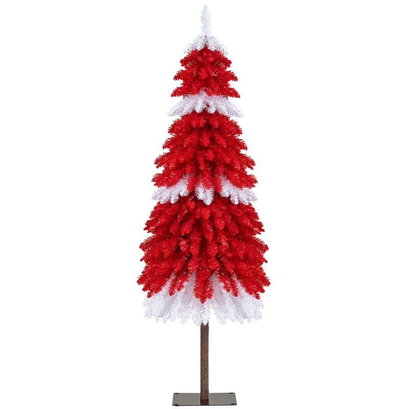 Front. WELLFOR - 5ft Pre‑lit Artificial Christmas Tree with 301 Branch Tips &100 LED Lights, Holiday Indoor Decoration - Red + White.