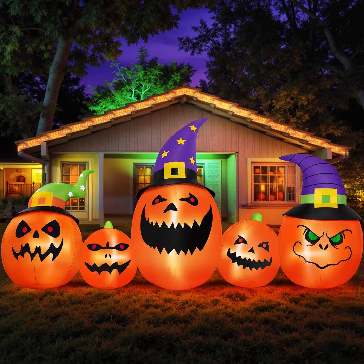 Front. Wisairt - 8ft Inflatable Five Pumpkins with Bright LED Lights - Outdoor Halloween Yard Decor - Green|White|Red.