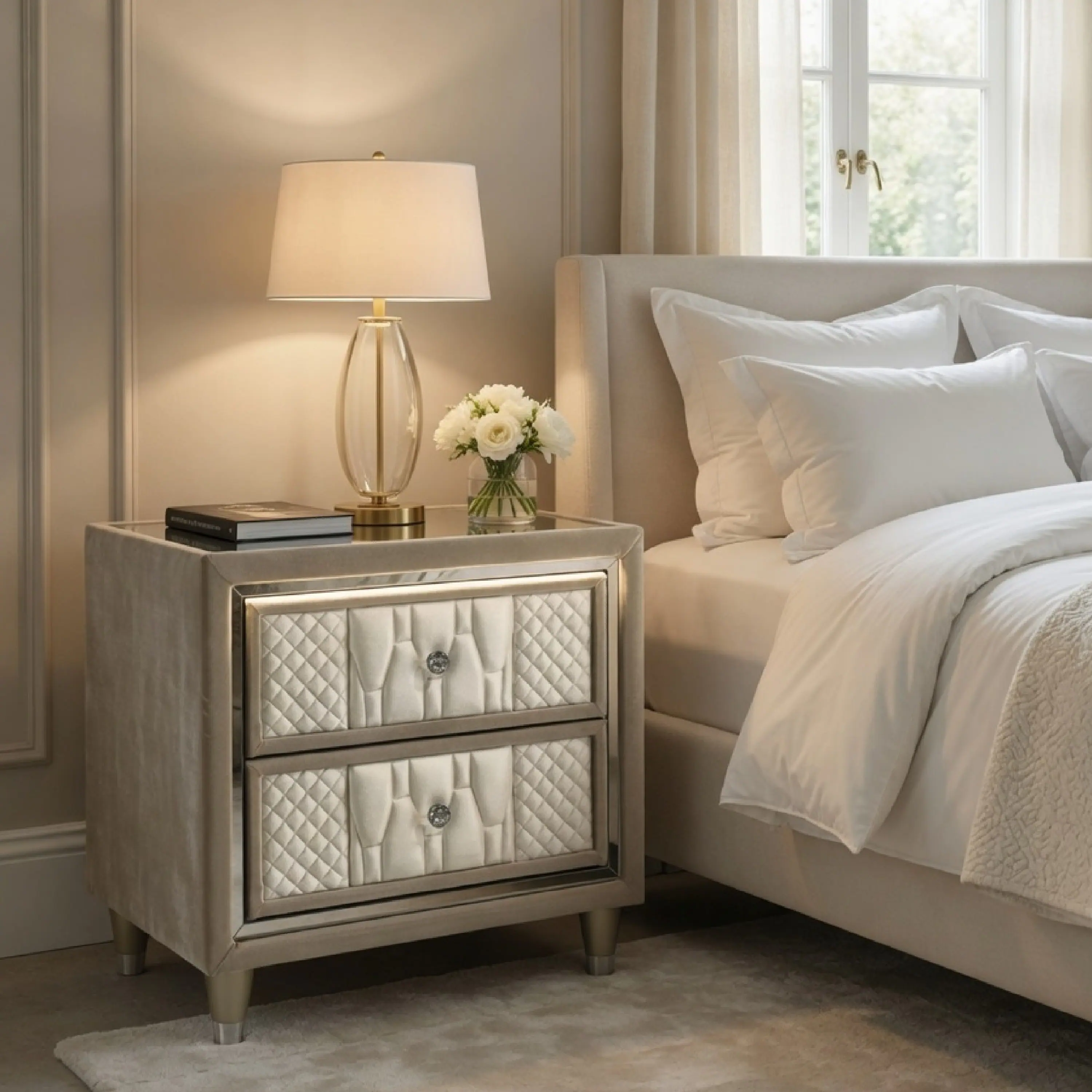Alt View 7. Manhattan Lane - Maren Nightstand, 2 Drawers and USB Port, Ivory-Camel Velvet 28 Inch - Ivory.