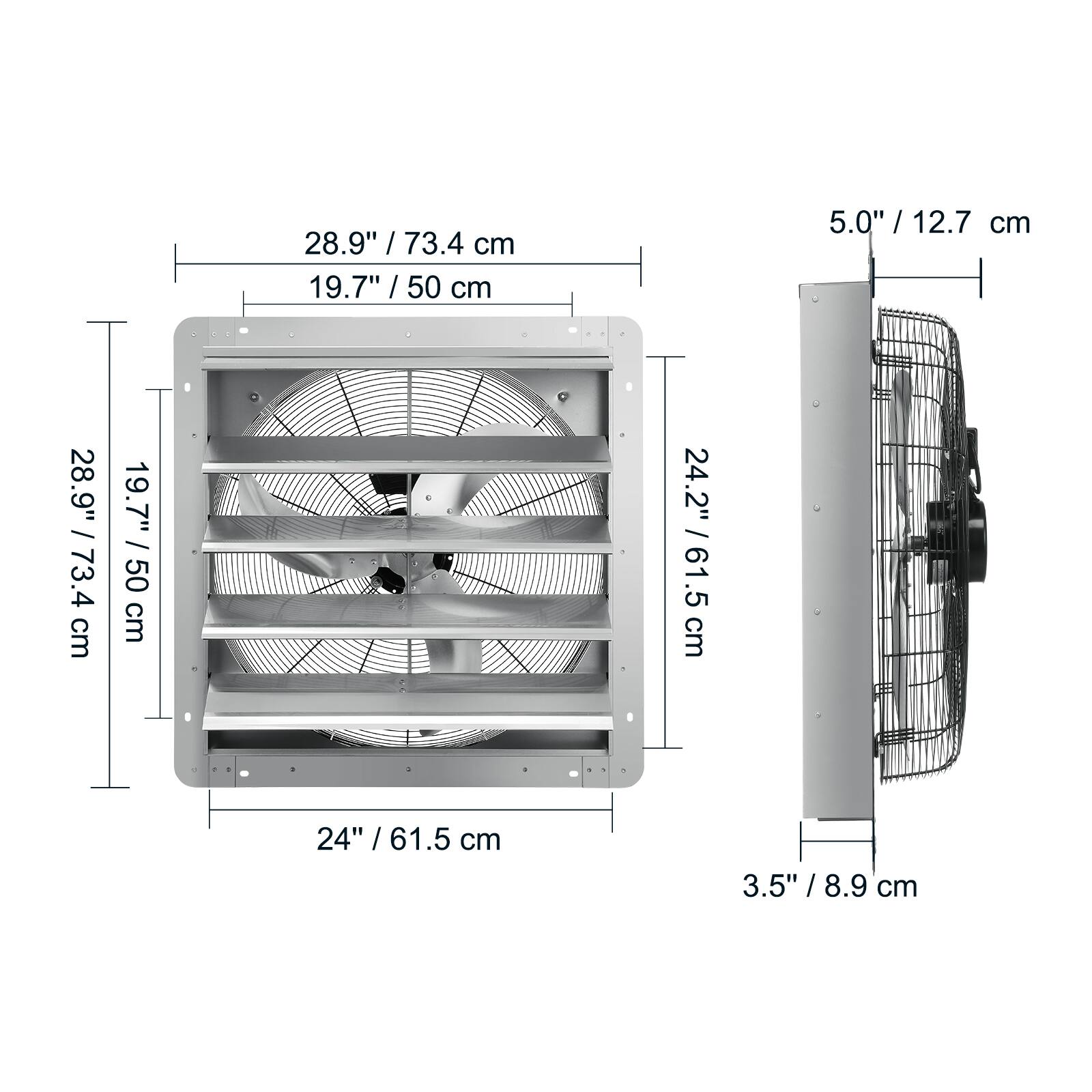 28.9" / 73.4 cm  
19.7" / 50 cm  
5.0" / 12.7 cm  
24.2" / 61.5 cm  
3.5" / 8.9 cm