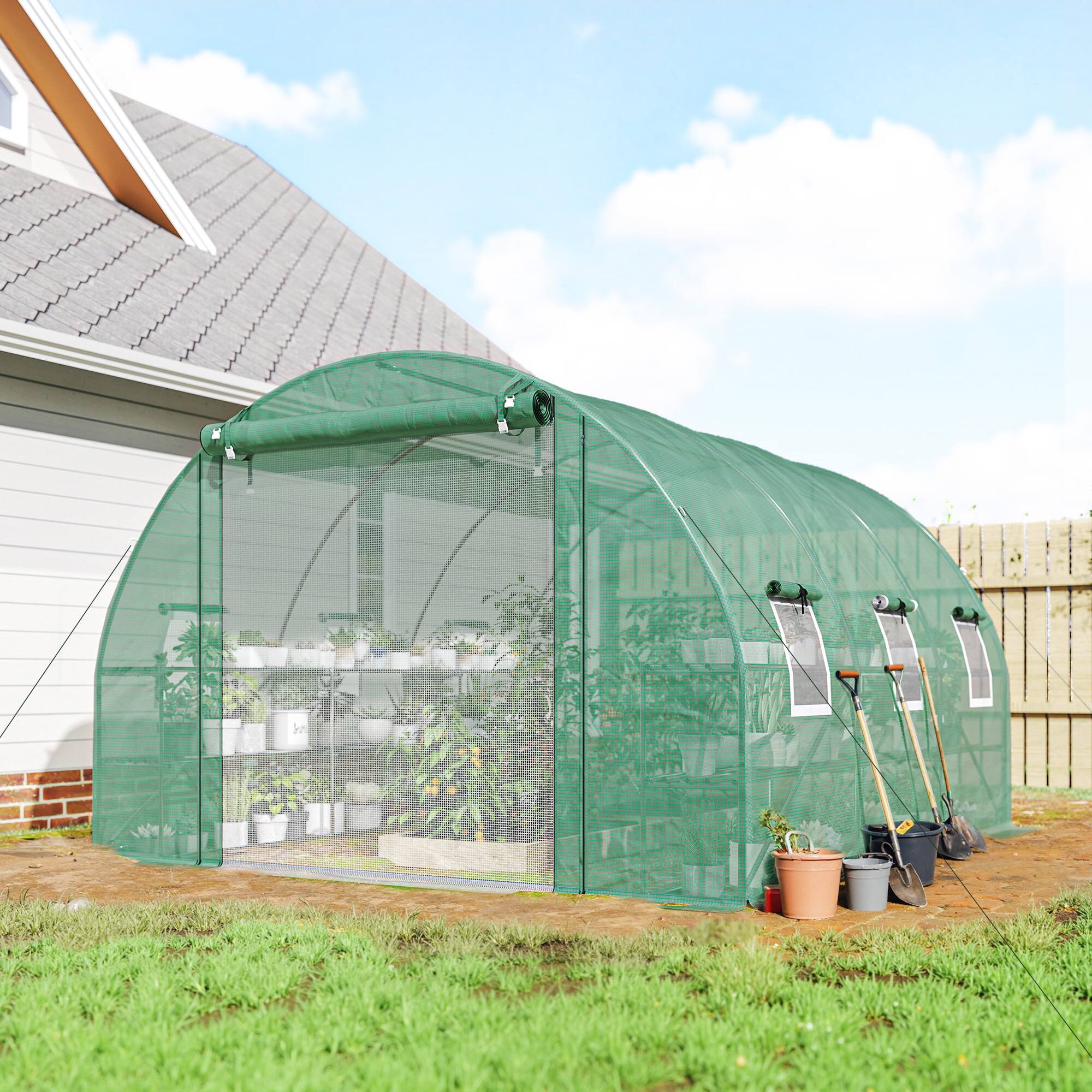 Alt View 1. Outsunny - Walk-in Tunnel Greenhouse with Shelves, Mesh Door and Windows - Green.
