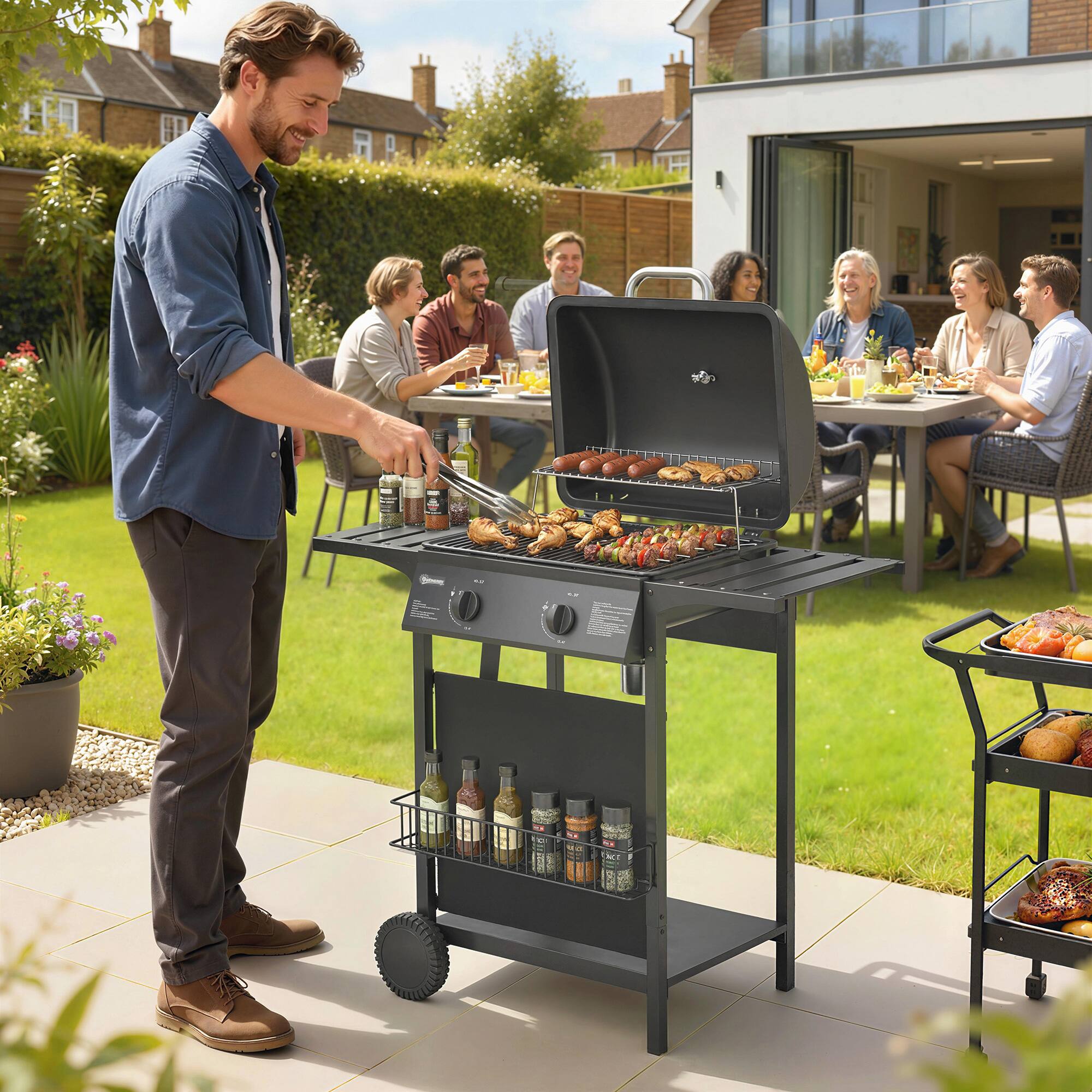 Alt View 1. Outsunny - Burner Propane Gas Grill, 18000 BTU BBQ Grill with Wheels, Warming Rack, Shelf, Thermometer - Black.