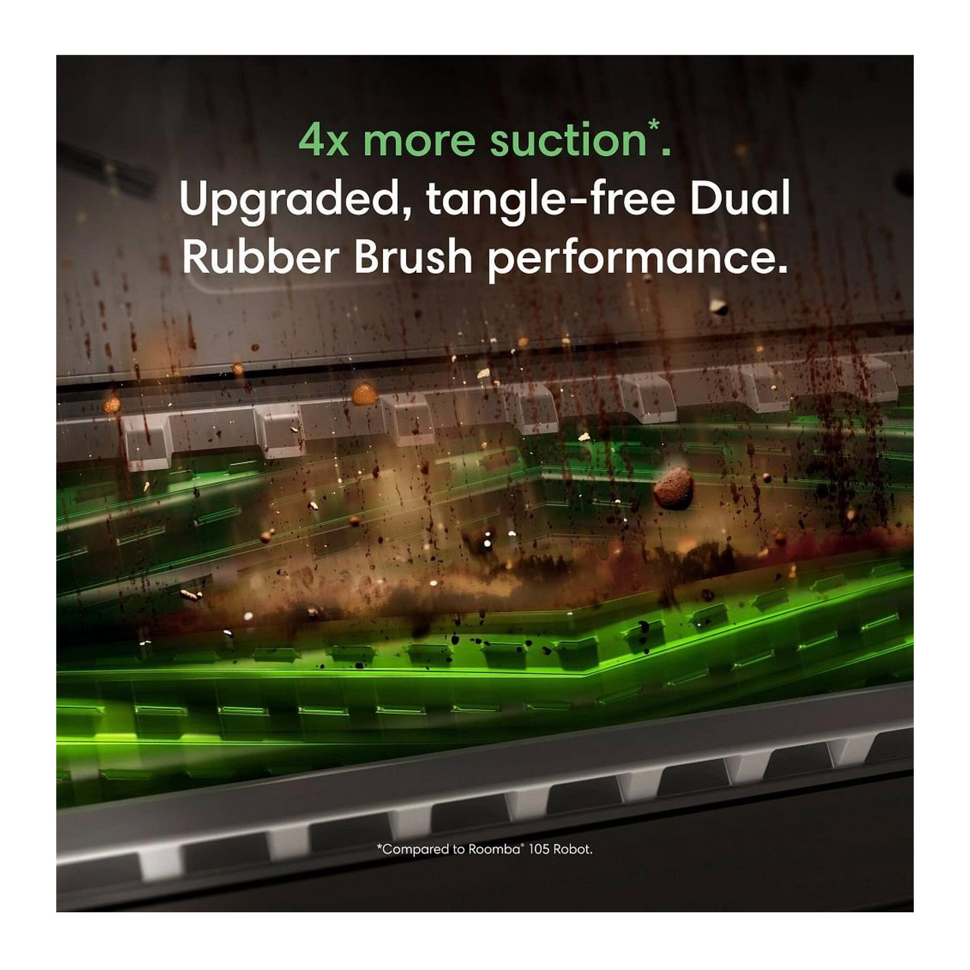 4x more suction*. Upgraded, tangle-free Dual Rubber Brush performance.
*Compared to Roomba 105 Robot.