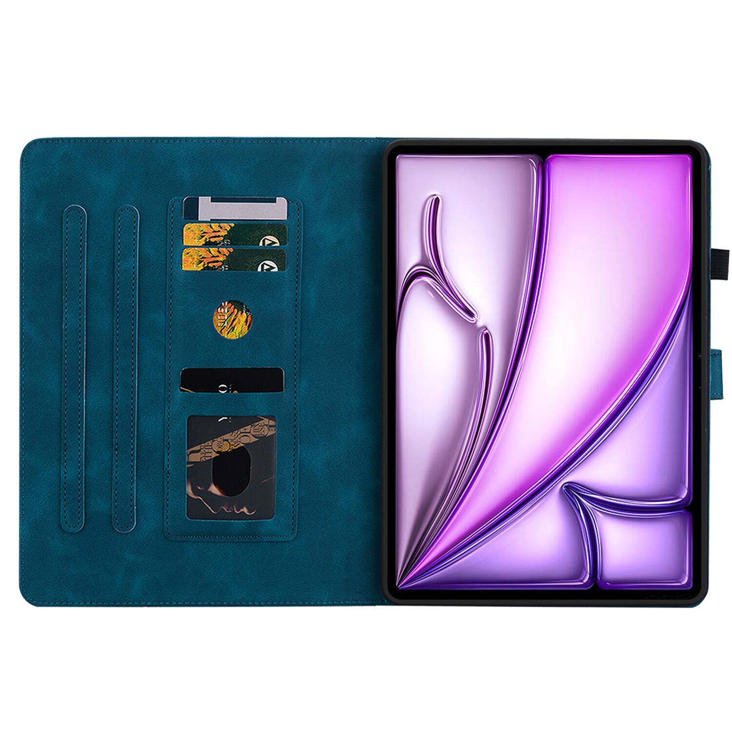 Angle. Dteck - For Apple iPad Air (M4) 11" 2026 M3/M2 & iPad Pro 11 (4th-1st) Gen Embossed Floral PU Leather Flip Card Holder Cover - Darkblue.