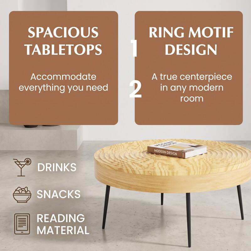 SPACIOUS TABLETOPS  
Accommodate everything you need

RING MOTIF DESIGN  
A true centerpiece in any modern room

DRINKS  
SNACKS  
READING MATERIAL