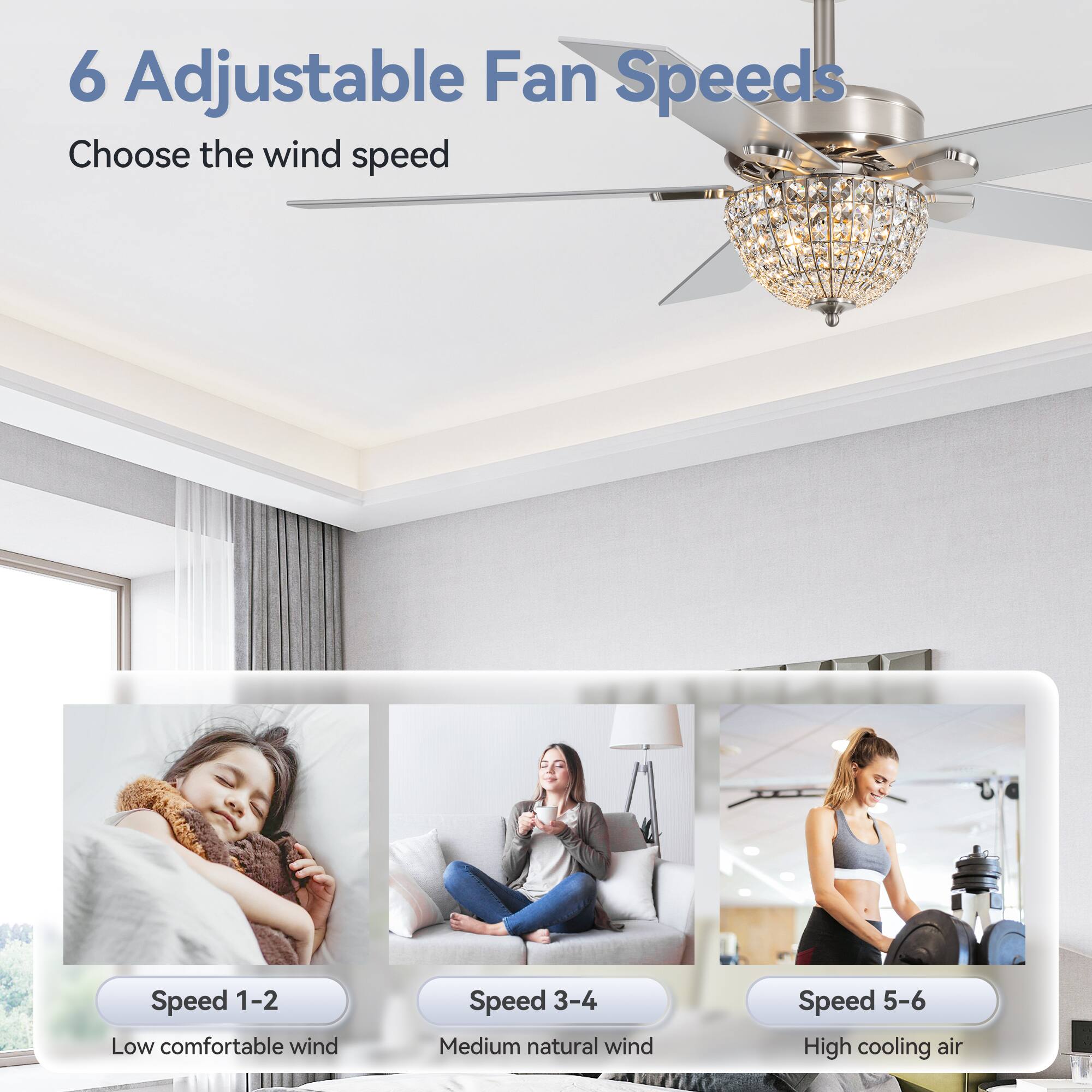 6 Adjustable Fan Speeds

Choose the wind speed

Speed 1-2 Low comfortable wind

Speed 3-4 Medium natural wind

Speed 5-6 High cooling air