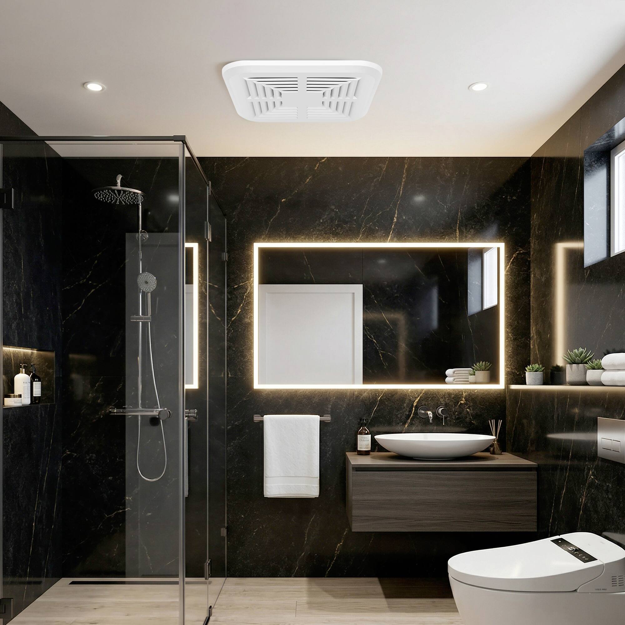 Left. Breezary - Bathroom Exhaust Fan 80 CFM Ultra Quiet 43dB Recessed Mount, 4 Inch Duct Compatible for 105-110 sq. ft. Bathrooms.