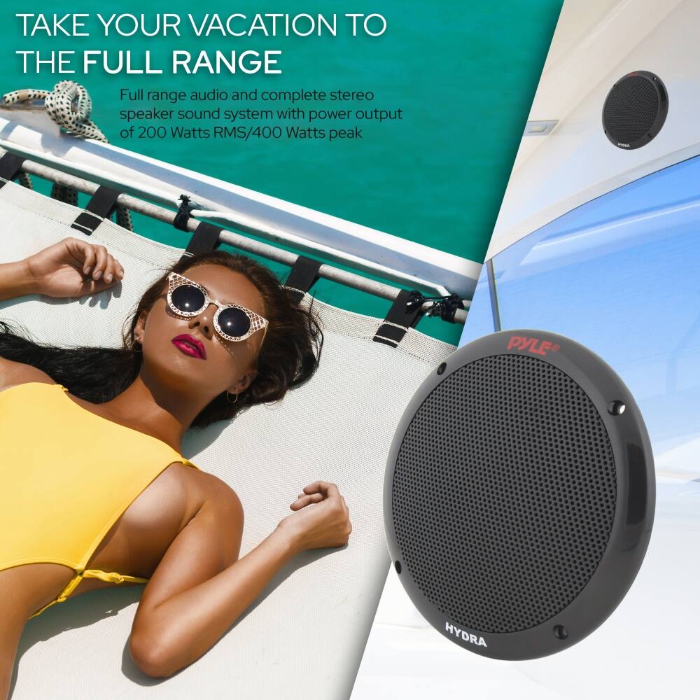 TAKE YOUR VACATION TO THE FULL RANGE

Full range audio and complete stereo speaker sound system with power output of 200 Watts RMS/400 Watts peak

PYLE HYDRA