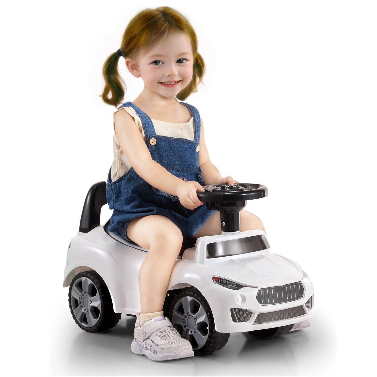 Alt View 8. Glintex - Battery Ride-On Car for Toddlers, Sit to Stand Push Car with Music Steering Wheel & Under Seat Storage, Ages 1-3 - White.