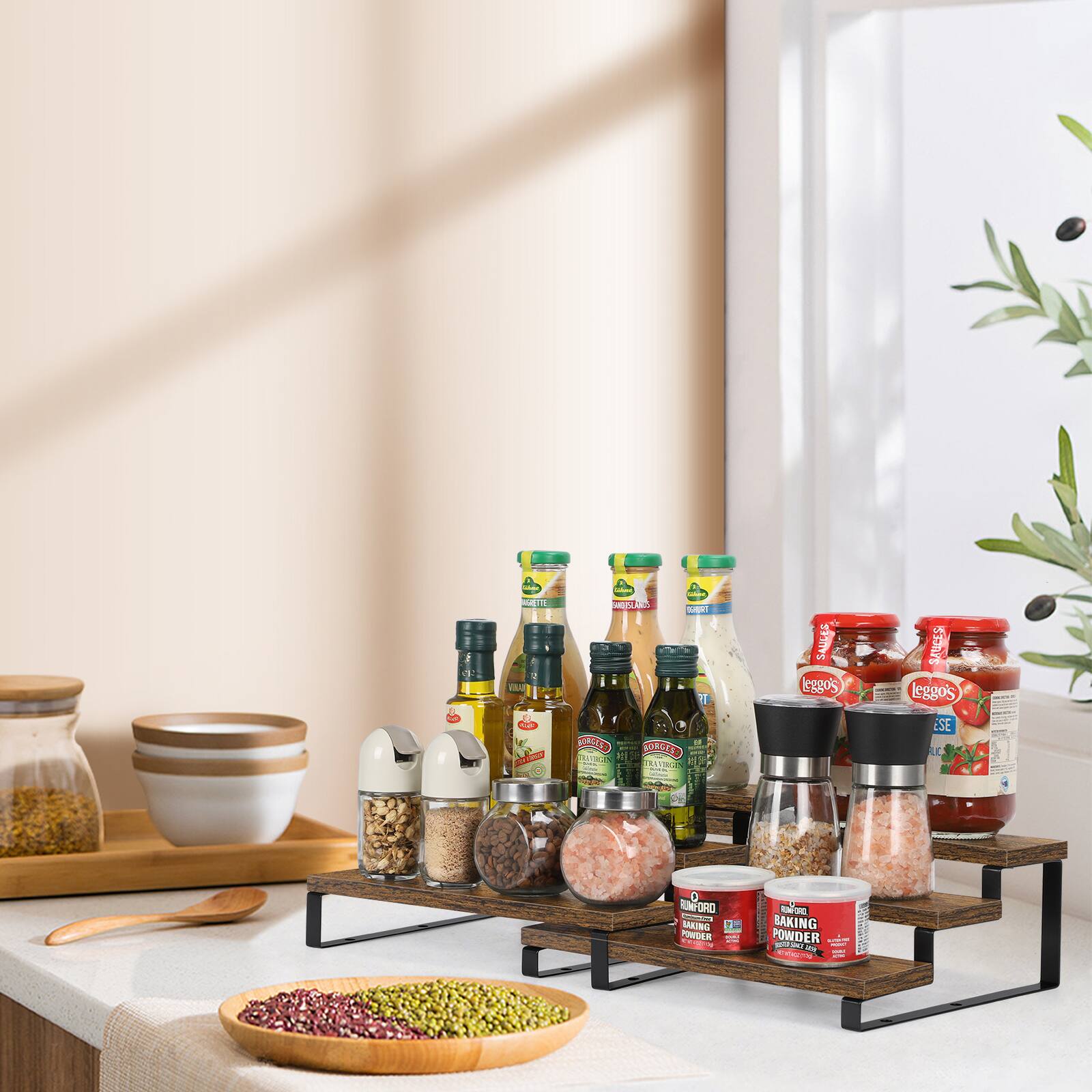 - I have a shelf with various spices and condiments.
- I also have a bowl of legumes.
- I add a clove of garlic and baking powder.
