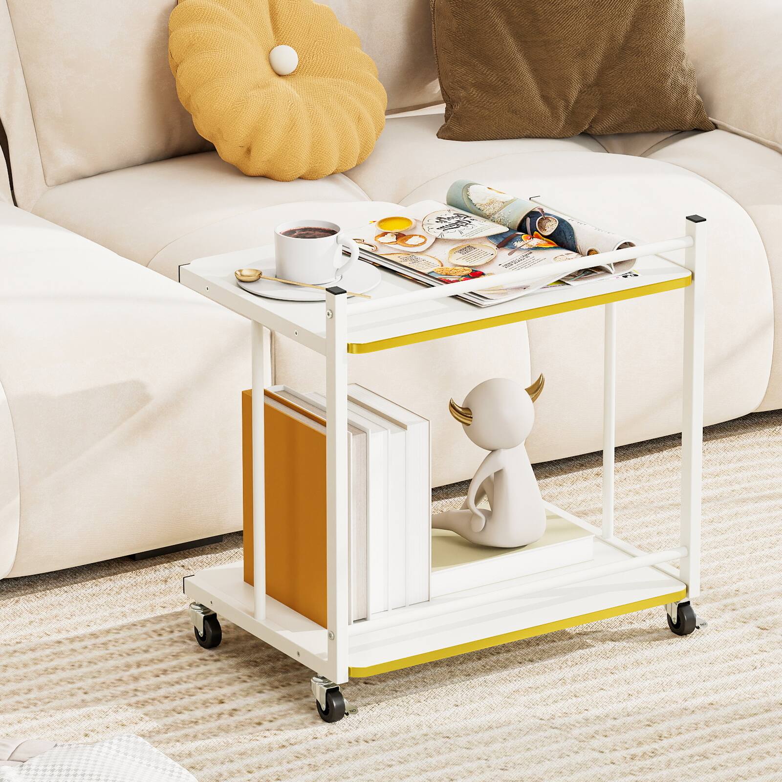 Alt View 1. Gymax - Gymax 2-Tier Mobile Side Table w/Open Shelves Golden Trimmed Edges Lockable Wheels - White.
