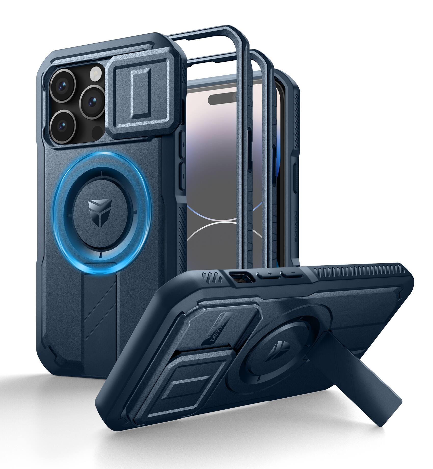Front. dexnor - Dexnor iPhone 14 Pro Case with Camera Cover&Adjustable Kickstand&Built-in Screen Protector Magnetic,Navy Blue - Navy Blue.