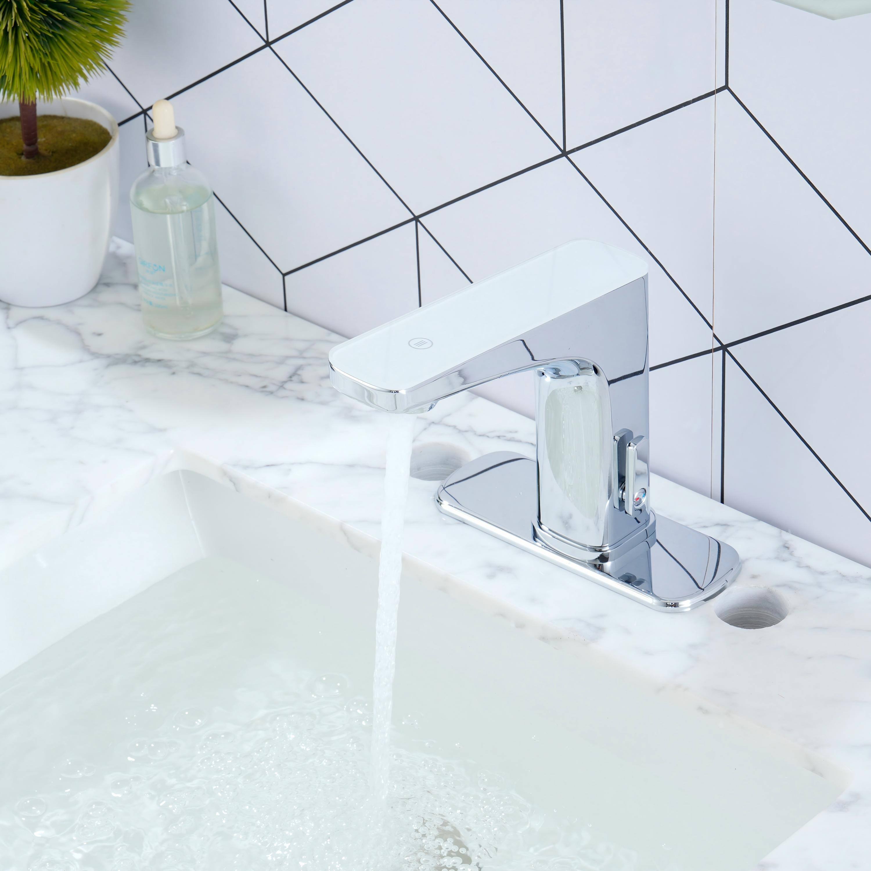 Left. Mondawe - Dual-Sensor Touchless Bathroom Sink Faucet with Temperature Display - Chrome.