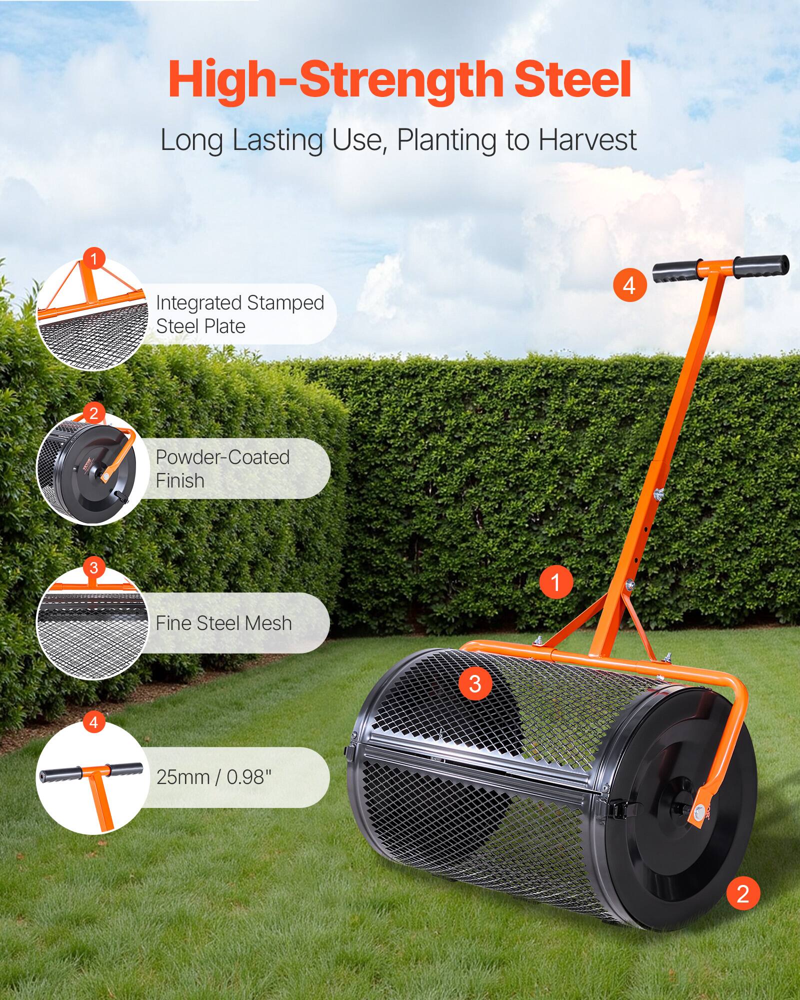 High-Strength Steel  
Long Lasting Use, Planting to Harvest  

1. Integrated Stamped Steel Plate  
2. Powder-Coated Finish  
3. Fine Steel Mesh  
4. 25mm / 0.98"