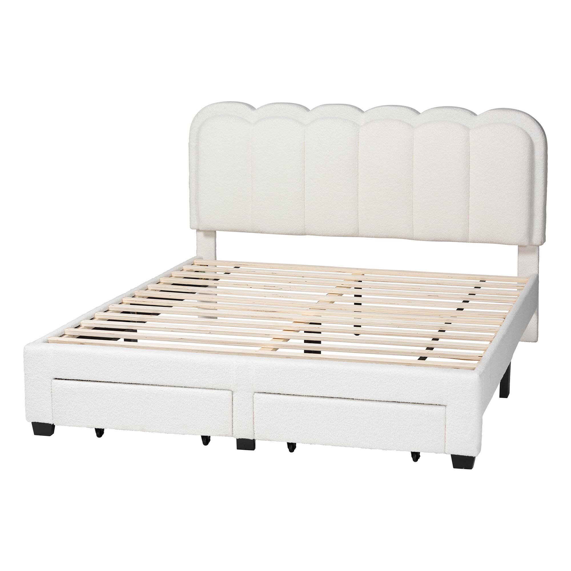 Left. Baxton Studio - Baxton Studio Caradonna Cream Teddy-Bear Fabric Bed with Storage Drawers - Fully Upholstered Platform Bed, Queen - Cream.