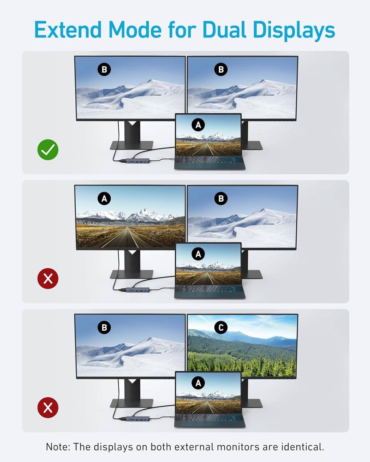 Extend Mode for Dual Displays

A A  A X  C A X

Note: The displays on both external monitors are identical.