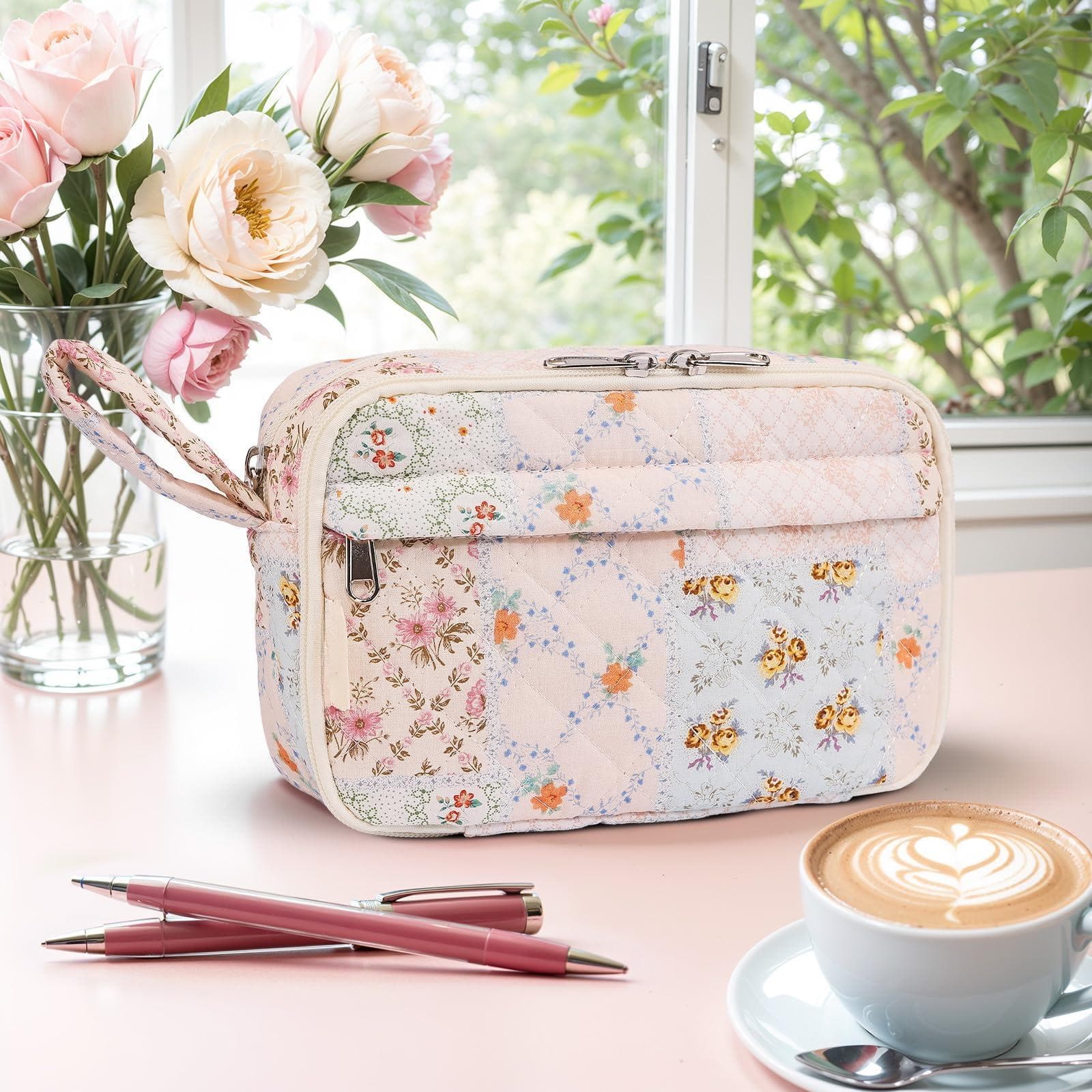 Dapper Styles - Quilted Pencil Pouch For Women Case With Compartments Cute Aesthetic Organizer Floral Bag School Supplies coloful - green blue pin