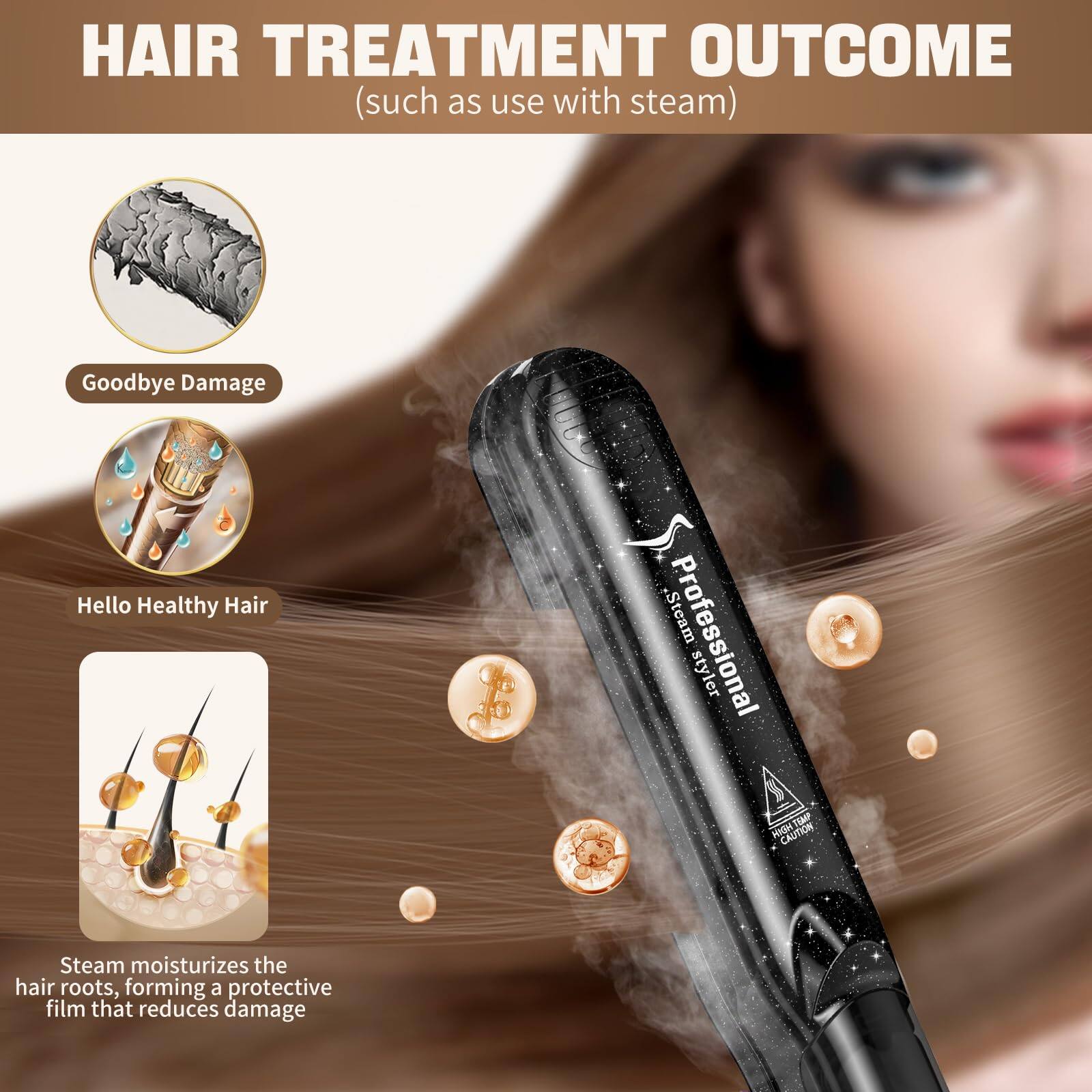 **HAIR TREATMENT OUTCOME**  
*(such as use with steam)*

- **Goodbye Damage**
- **Hello Healthy Hair**

Steam moisturizes the hair roots, forming a protective film that reduces damage.