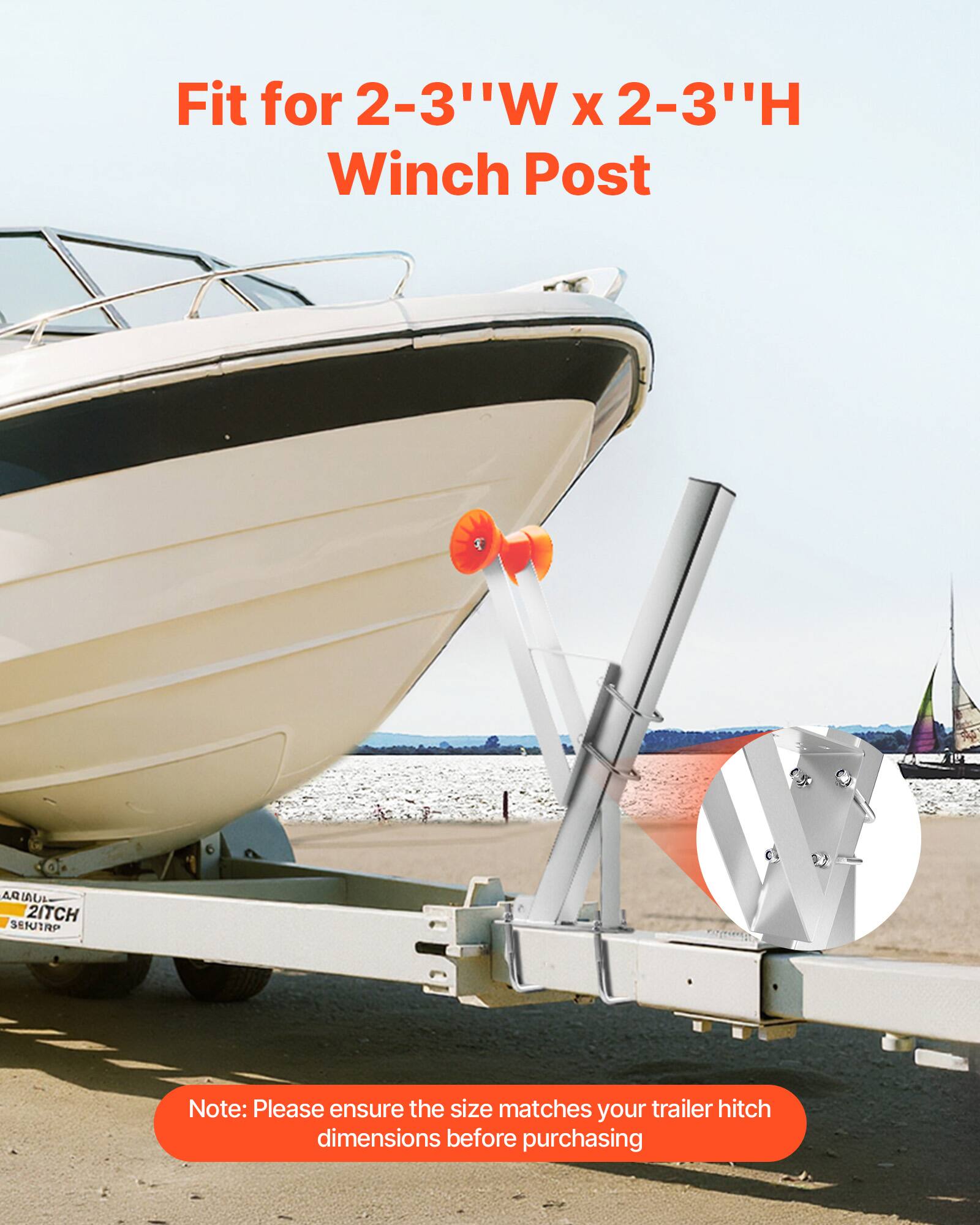 Fit for 2-3"W x 2-3"H Winch Post

Note: Please ensure the size matches your trailer hitch dimensions before purchasing