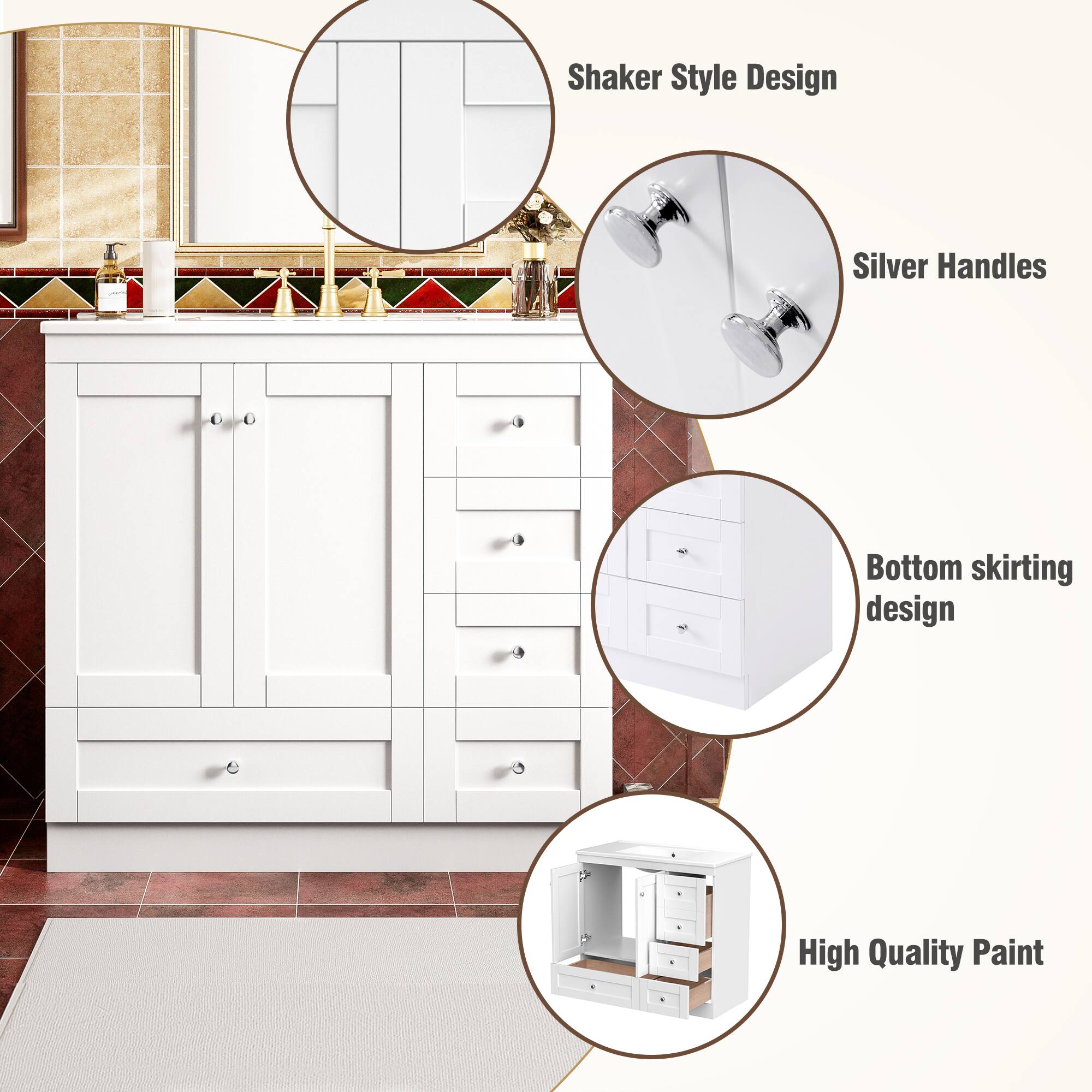 Shaker Style Design  
Silver Handles  
Bottom Skirting Design  
High Quality Paint