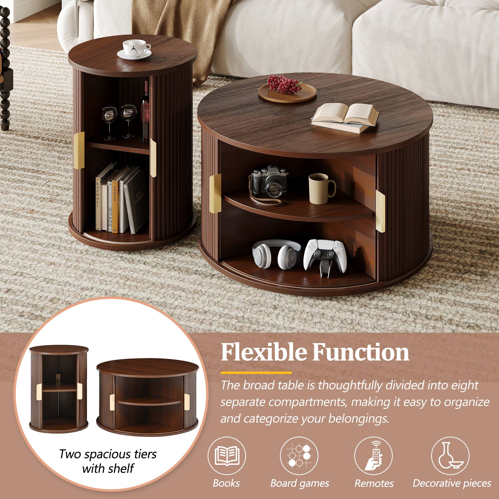 Flexible Function

The broad table is thoughtfully divided into eight separate compartments, making it easy to organize and categorize your belongings.

- Two spacious tiers with shelf
- Books
- Board games
- Remotes
- Decorative pieces