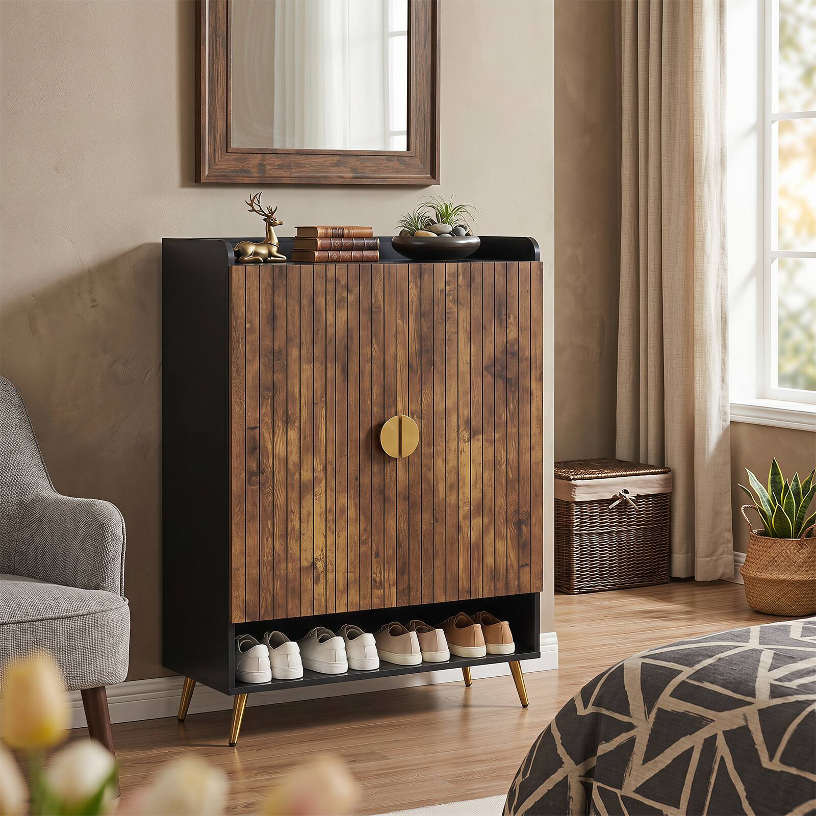 Alt View 3. Costway - Costway 44" 7-Tier Tall Shoe Storage Cabinet with Doors, Adjustable Shelves & Metal Legs - Rustic Brown + Black.