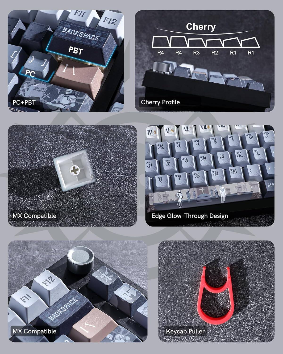 - F11 F12 BACKSPACE PBT
- PC R4 Cherry R4 R3 R2 R1 R1
- SOTI PEYEEE
- PC+PBT Cherry Profile
- Edge Glow-Through Design
- MX Compatible
- Keycap Puller