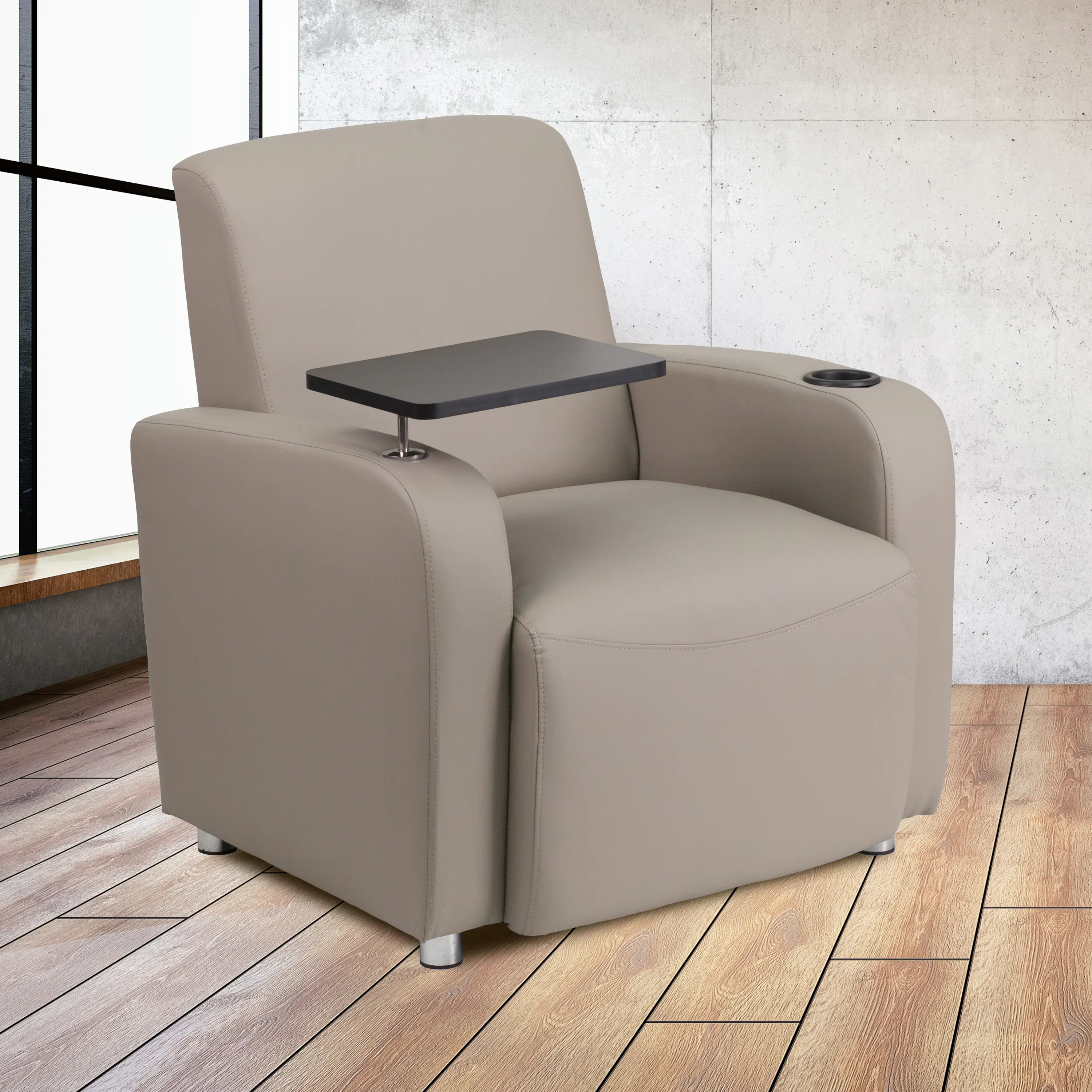 Alt View 1. Emma + Oliver - Faux Leather Guest Chair with Tablet Arm, Chrome Legs and Cup Holder - Gray.