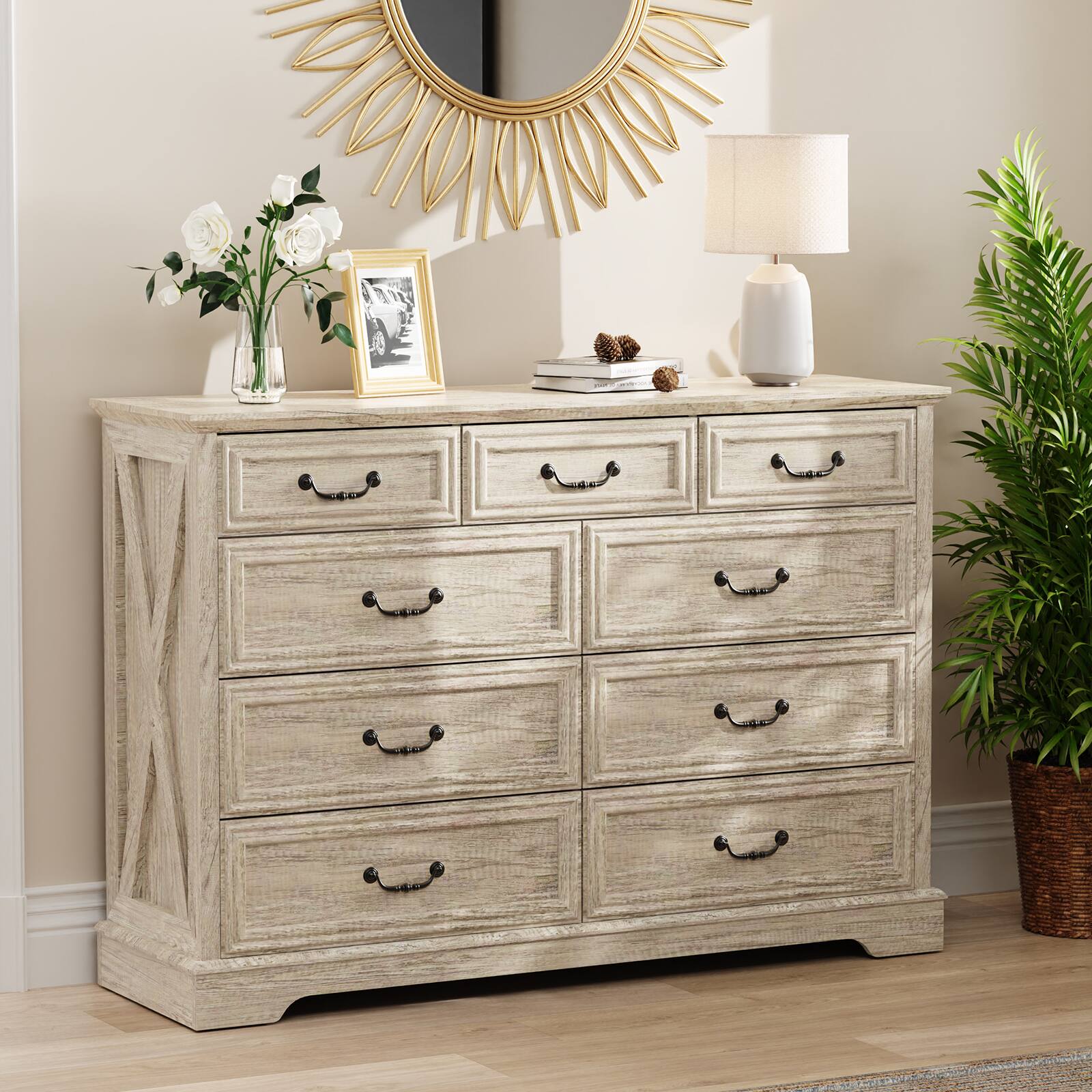 Angle. Dyonery - 9 Drawer Dresser for Bedroom, 52" Wide Rustic Wood Chest of Drawers with Large Storage and Metal Handles - OAK.