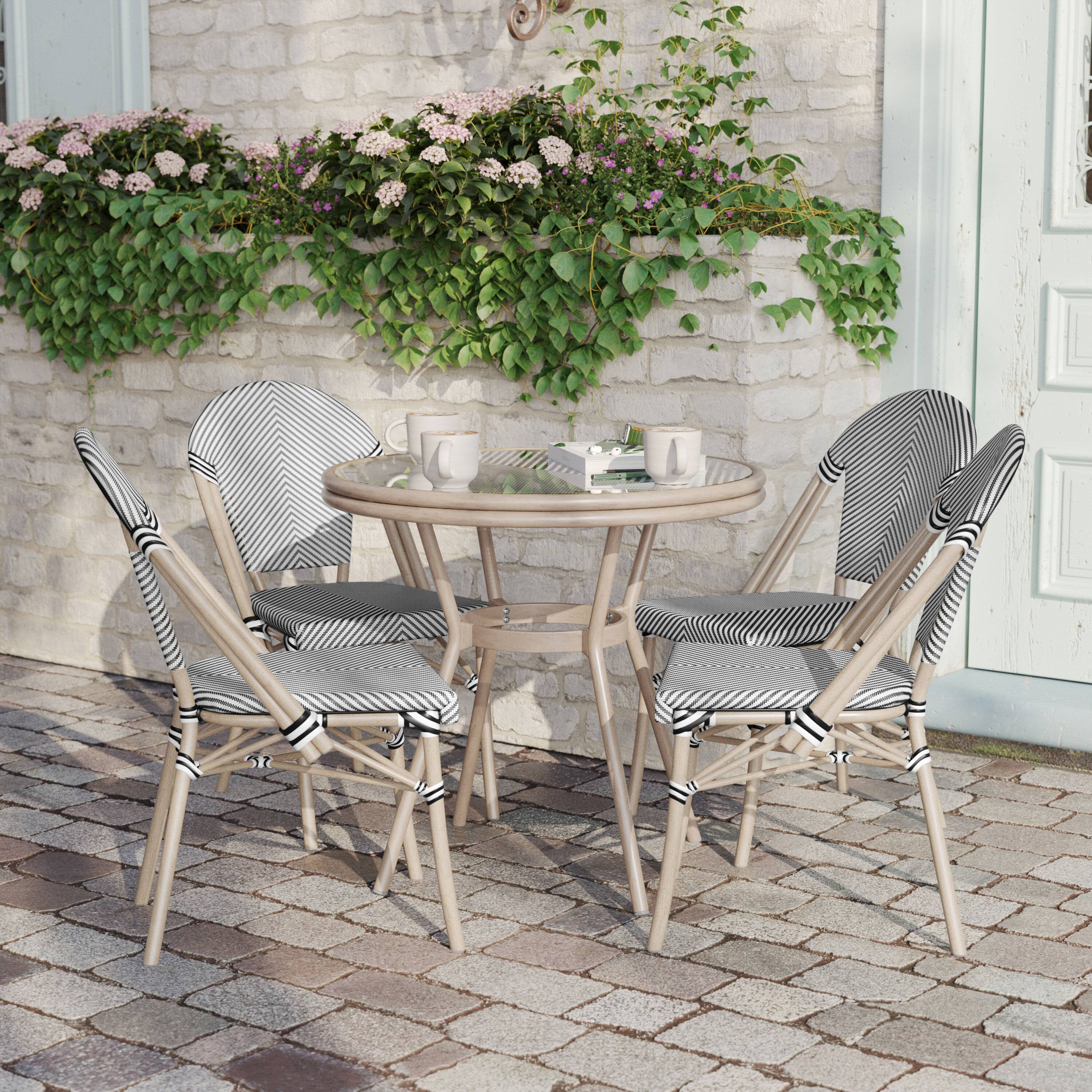Alt View 1. Flash Furniture - Marseille Indoor/Outdoor Commercial Bistro 31.5" Table, Black/White Textilene, Glass Top with 4 Stack Chairs - Light Nat - Black.