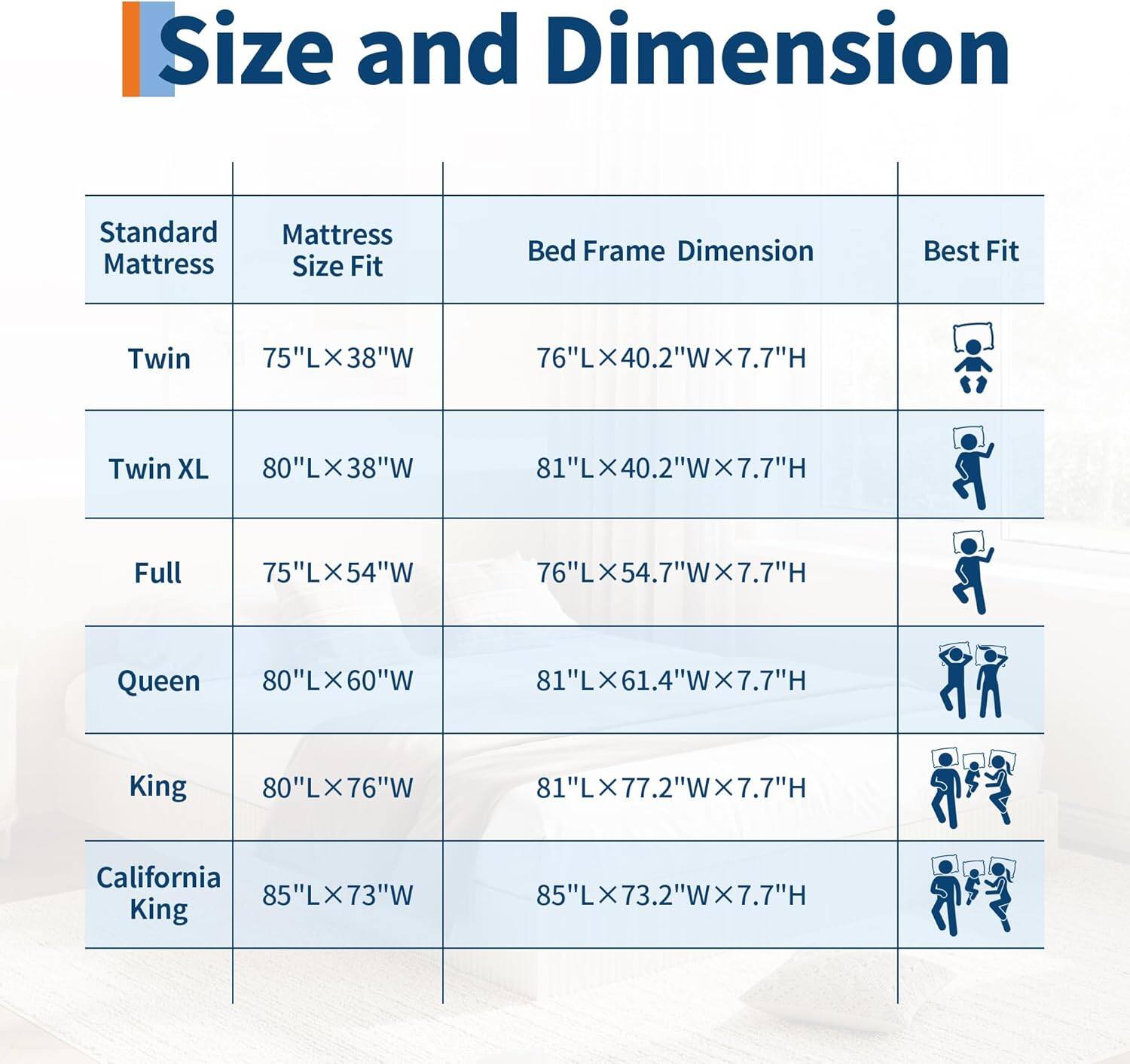 Size and Dimension

| Standard Mattress | Mattress Size Fit | Bed Frame Dimension | Best Fit |
|------------------|------------------|--------------------|---------|
| Twin            | 75"L × 38"W       | 76"L × 40.2"W × 7.7"H |         |
| Twin XL         | 80"L × 38"W       | 81"L × 40.2"W × 7.7"H |         |
| Full            | 75"L × 54"W       | 76"L × 54.7"W × 7.7"H |         |
| Queen           | 80"L × 60"W       | 81"L × 61.4"W × 7.7"H |         |
| King            | 80"L × 76"W       | 81"L × 77.2"W × 7.7"H |         |
| California King | 85"L × 73"W       | 85"L × 73.2"W × 7.7"H |         |