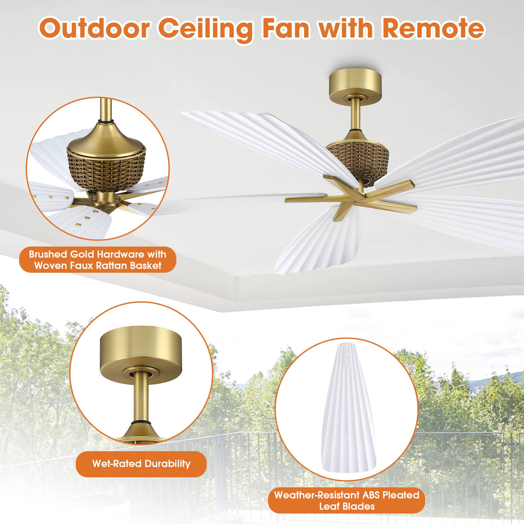 Outdoor Ceiling Fan with Remote

- Brushed Gold Hardware with Woven Faux Rattan Basket
- Wet-Rated Durability
- Weather-Resistant ABS Plated Leaf Blades