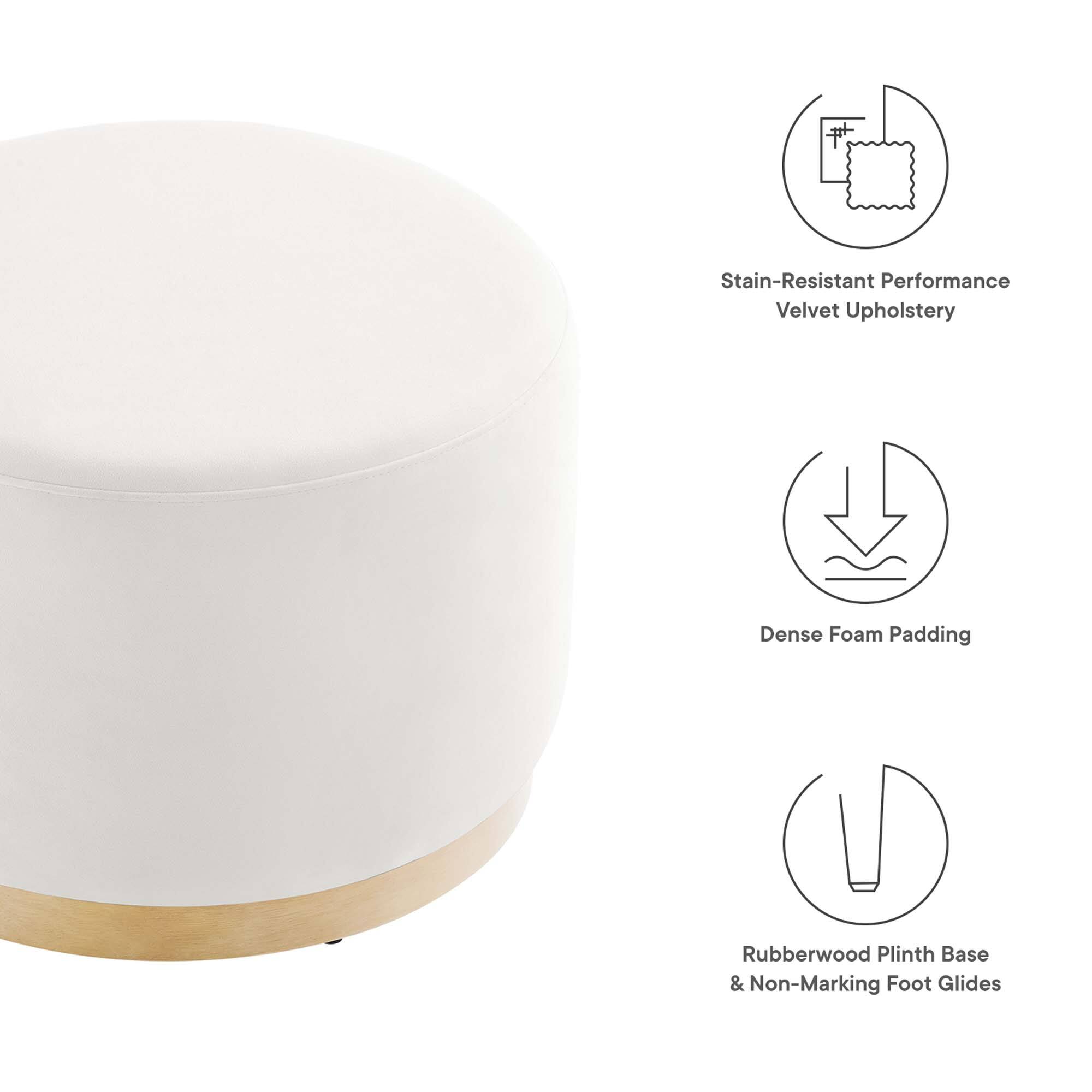 - Stain-Resistant Performance Velvet Upholstery
- Dense Foam Padding
- Rubberwood Plinth Base & Non-Marking Foot Glides