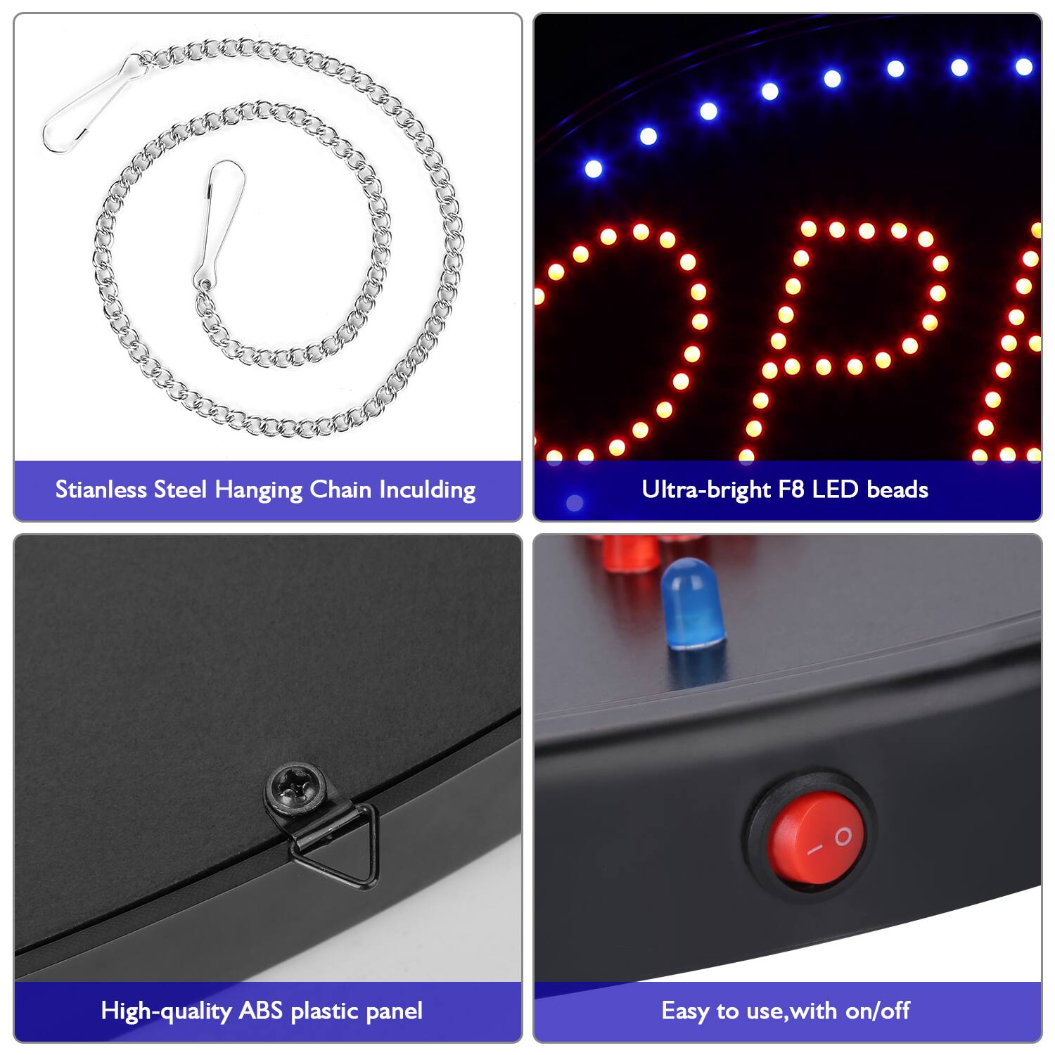 - Stainless Steel Hanging Chain Including
- Ultra-bright F8 LED beads
- High-quality ABS plastic panel
- Easy to use, with on/off