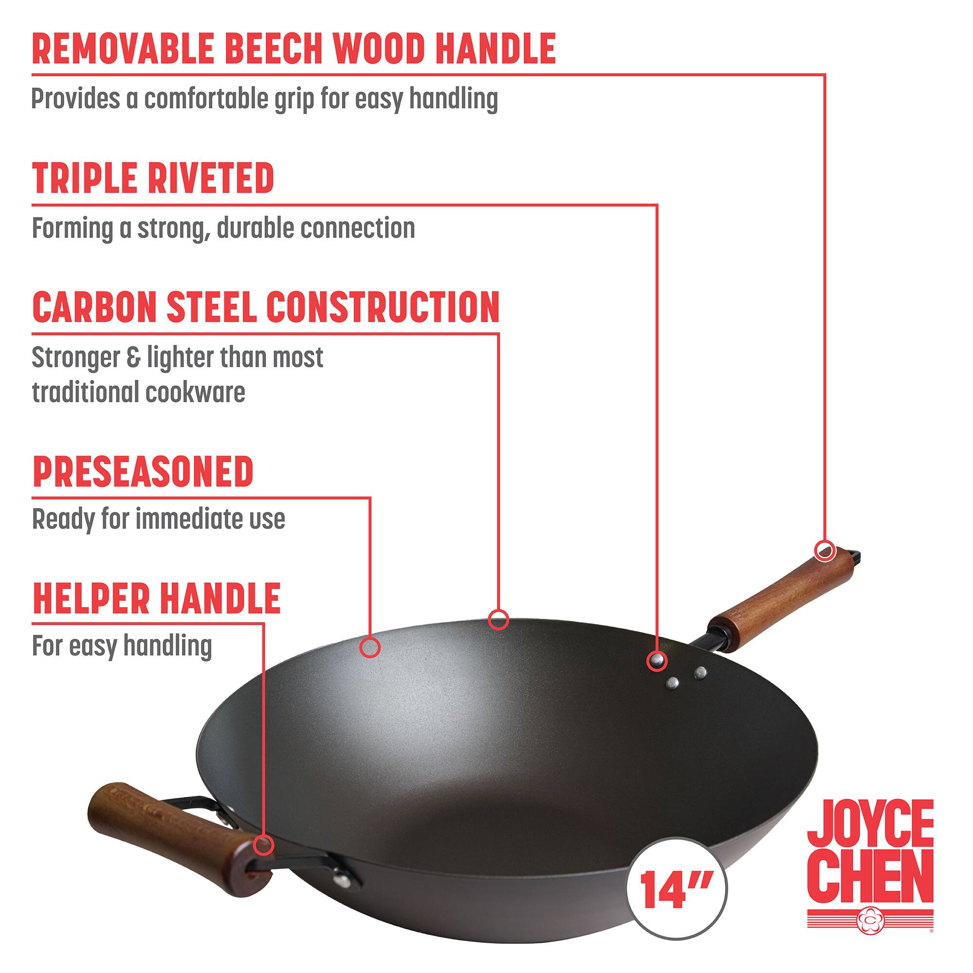 REMOVABLE BEECH WOOD HANDLE, TRIPLE RIVETED, CARBON STEEL CONSTRUCTION, PRESEASONED, HELPER HANDLE, 14", JOYCE CHEN