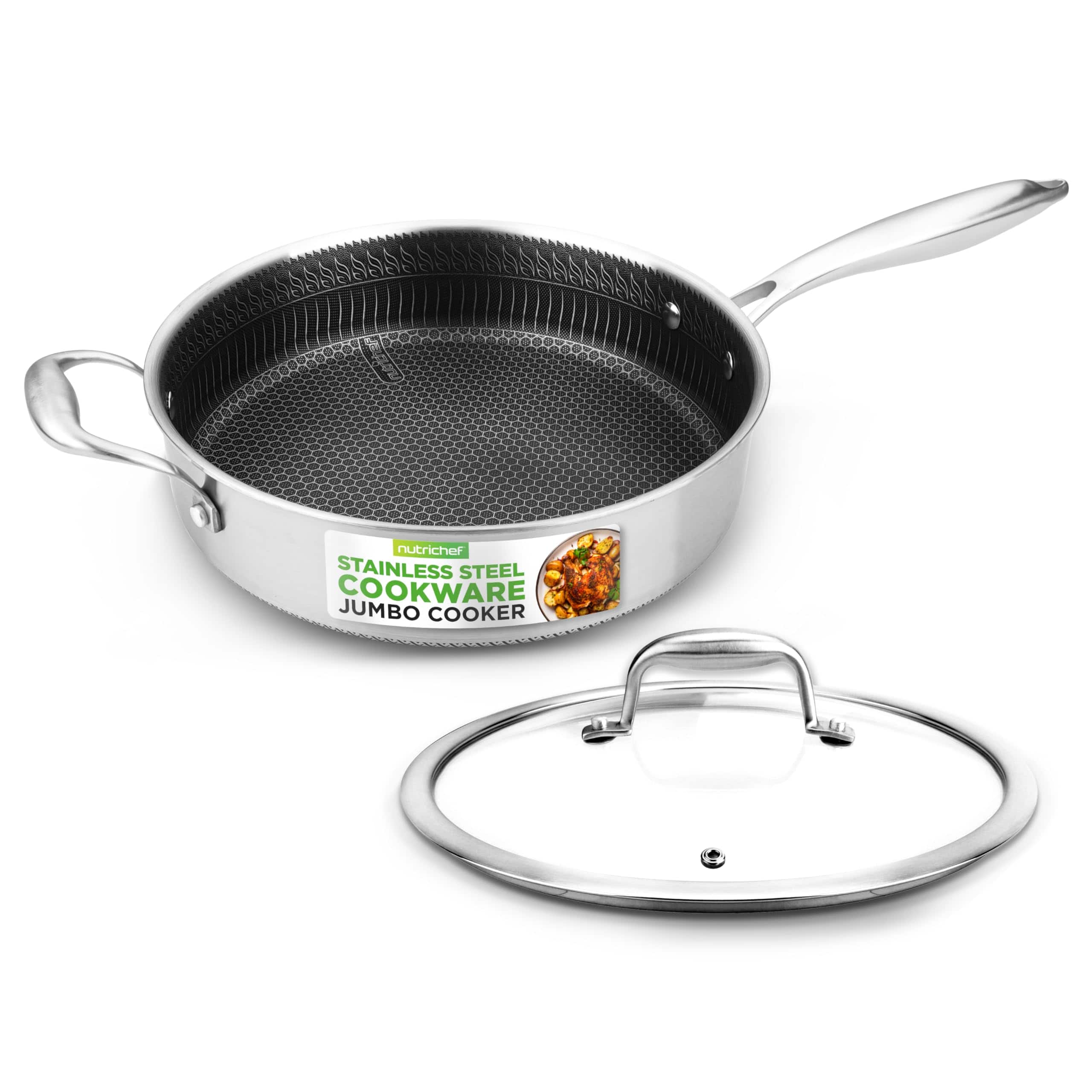 NutriChef - 3.4QT Deep Frying Pan with Lid, Non-Stick Sauté Pan, Oven & Induction Safe (NC3PSAUC) - Stainless Steel